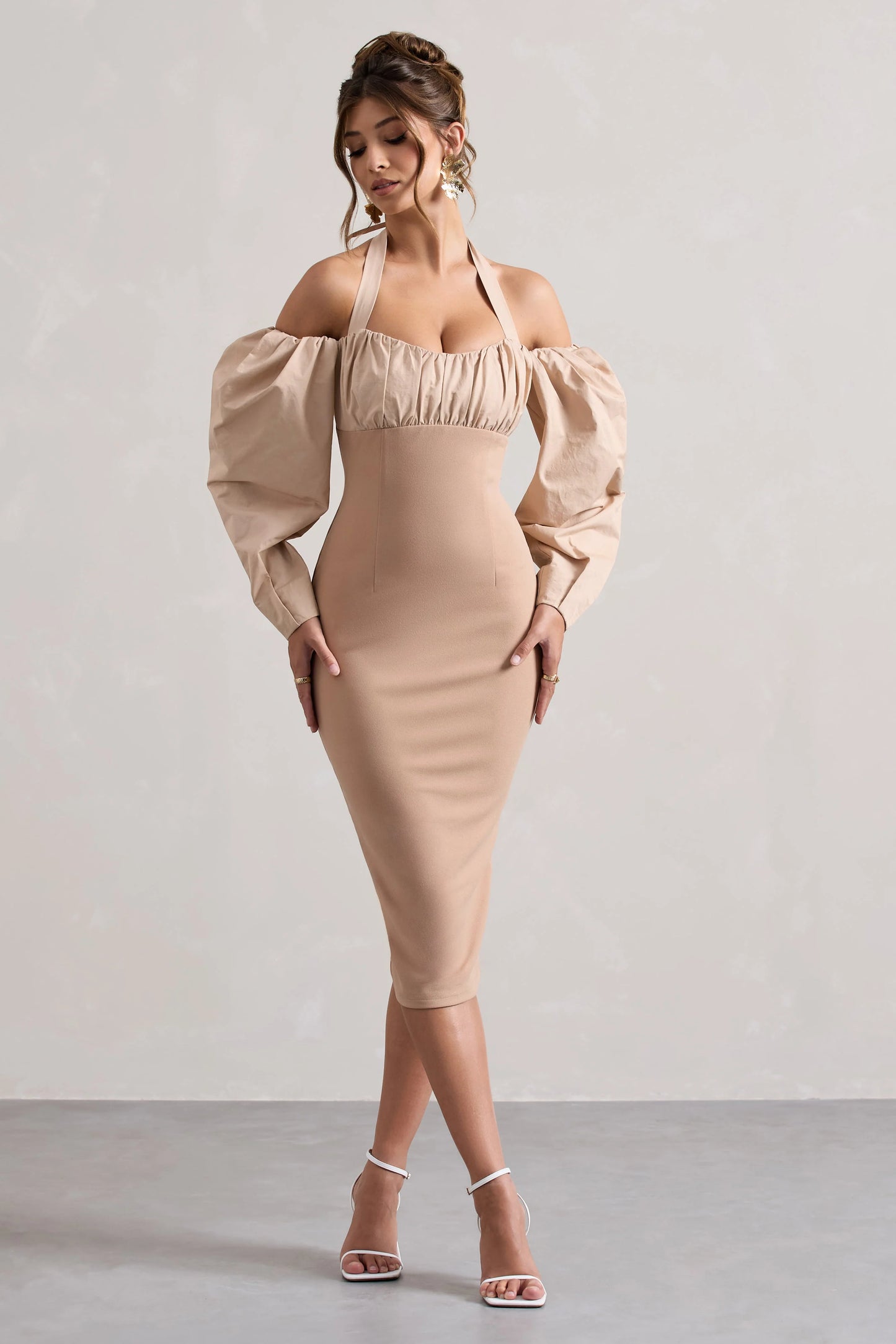 Couture Client Champagne Halter-Neck Puff Sleeve Midi Dress