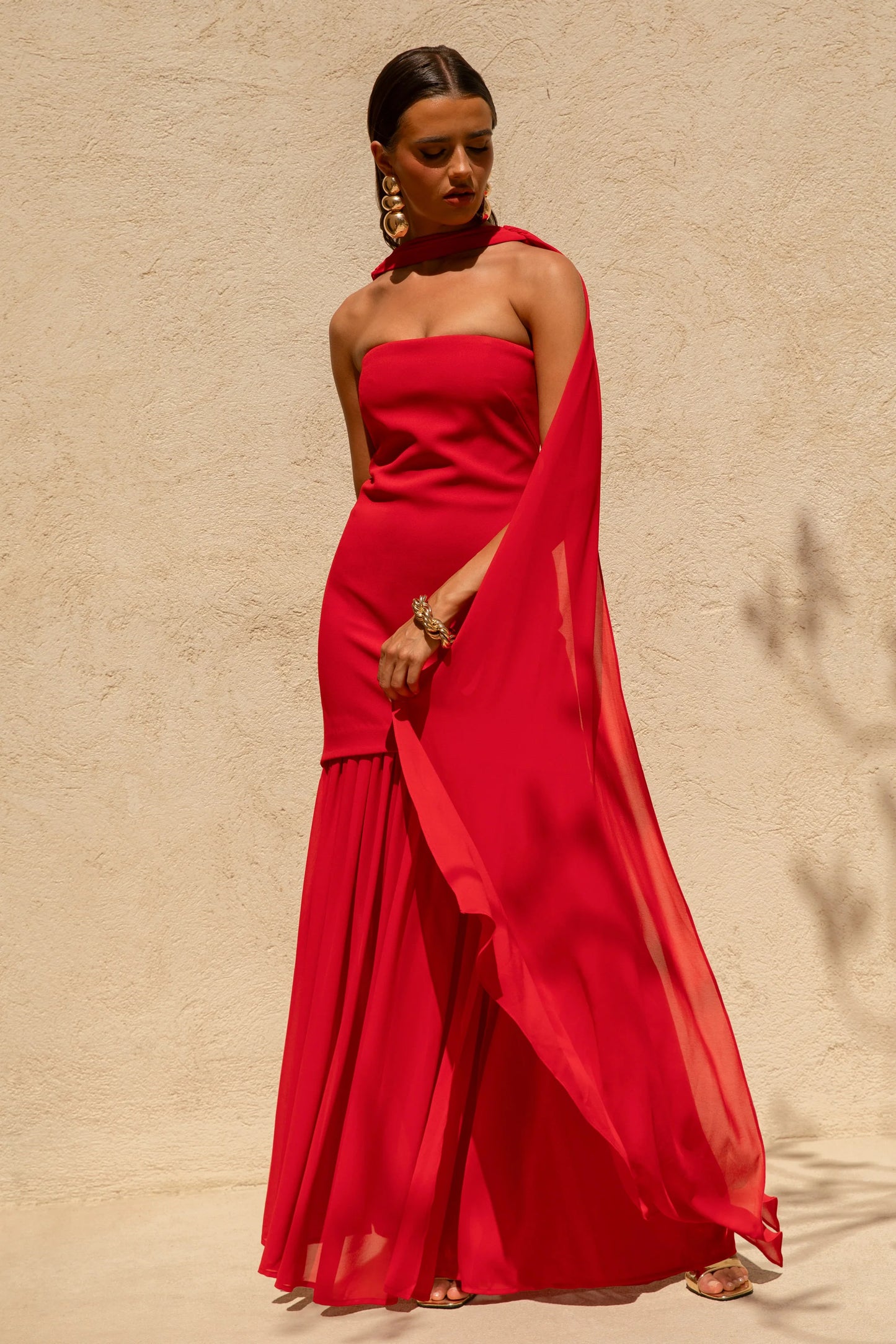 Kylie Red High-Neck Maxi Dress With Chiffon Skirt