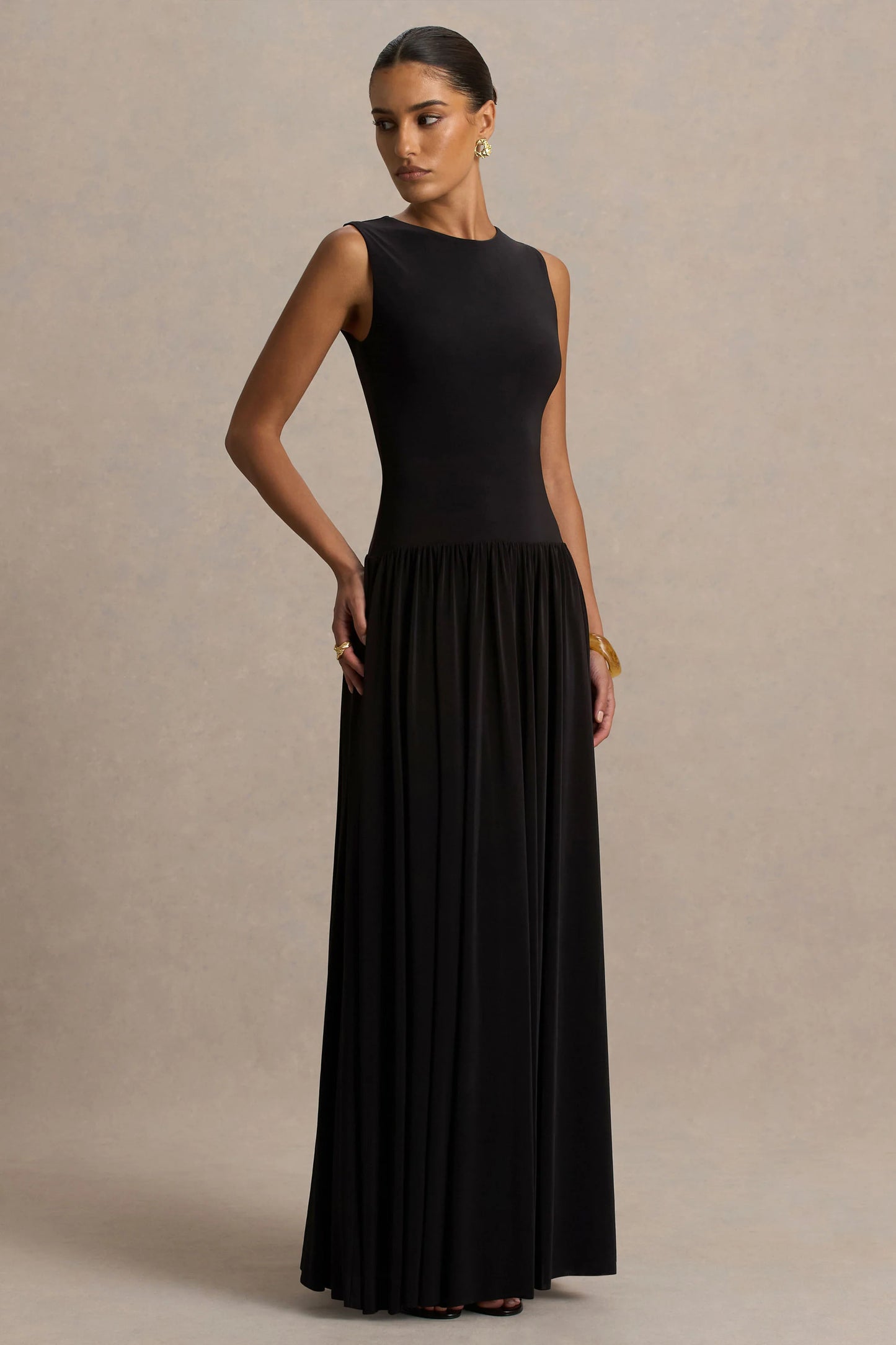 Rosalita Black Crew-Neck Maxi Dress With Drop-Waist