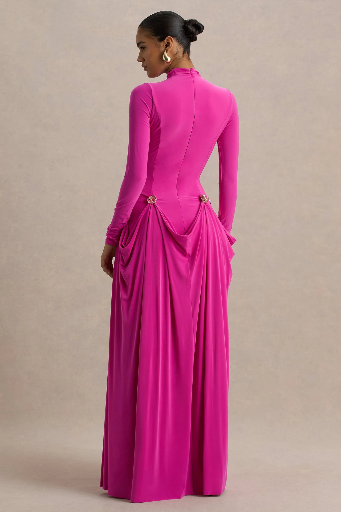 Caprice Hot Pink High-Neck Maxi Dress With Embellished Details