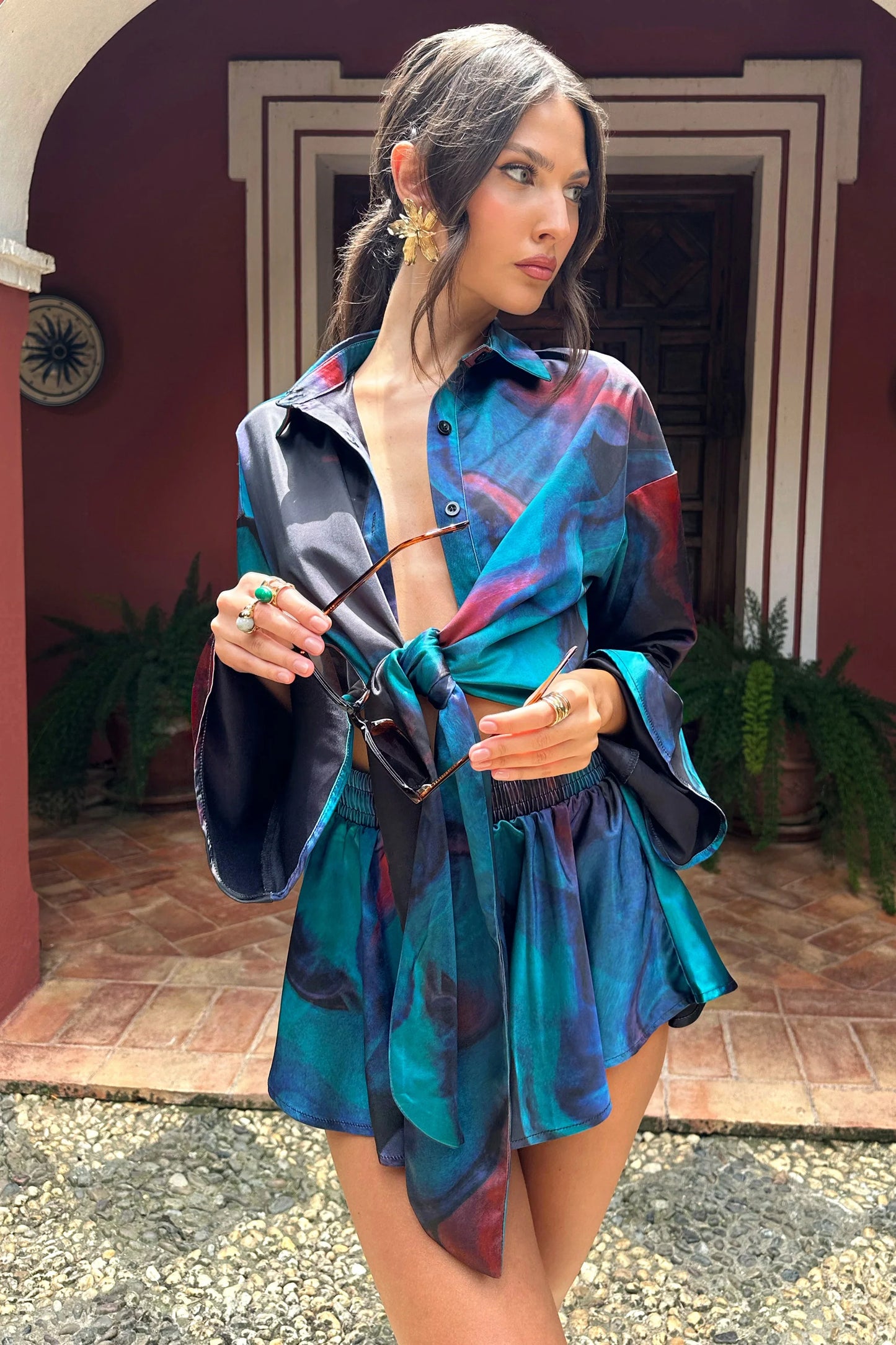 Marisela Blue Print Satin Flared Sleeve Cropped Shirt