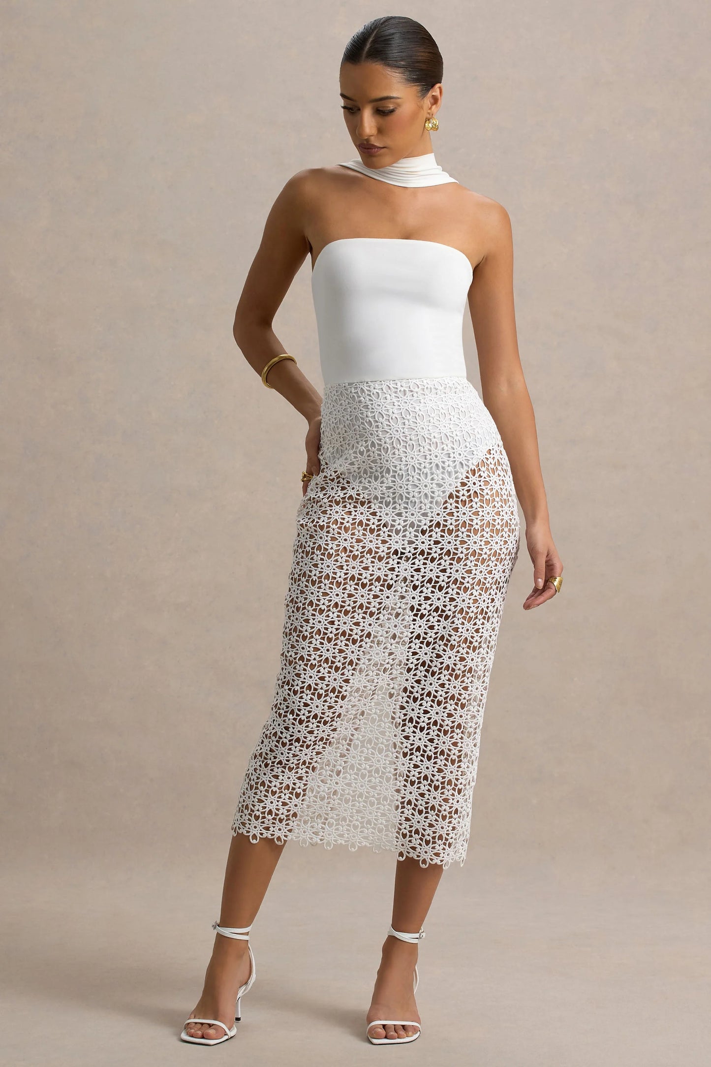 Tamala White High-Neck Midi Dress With Lace Skirt