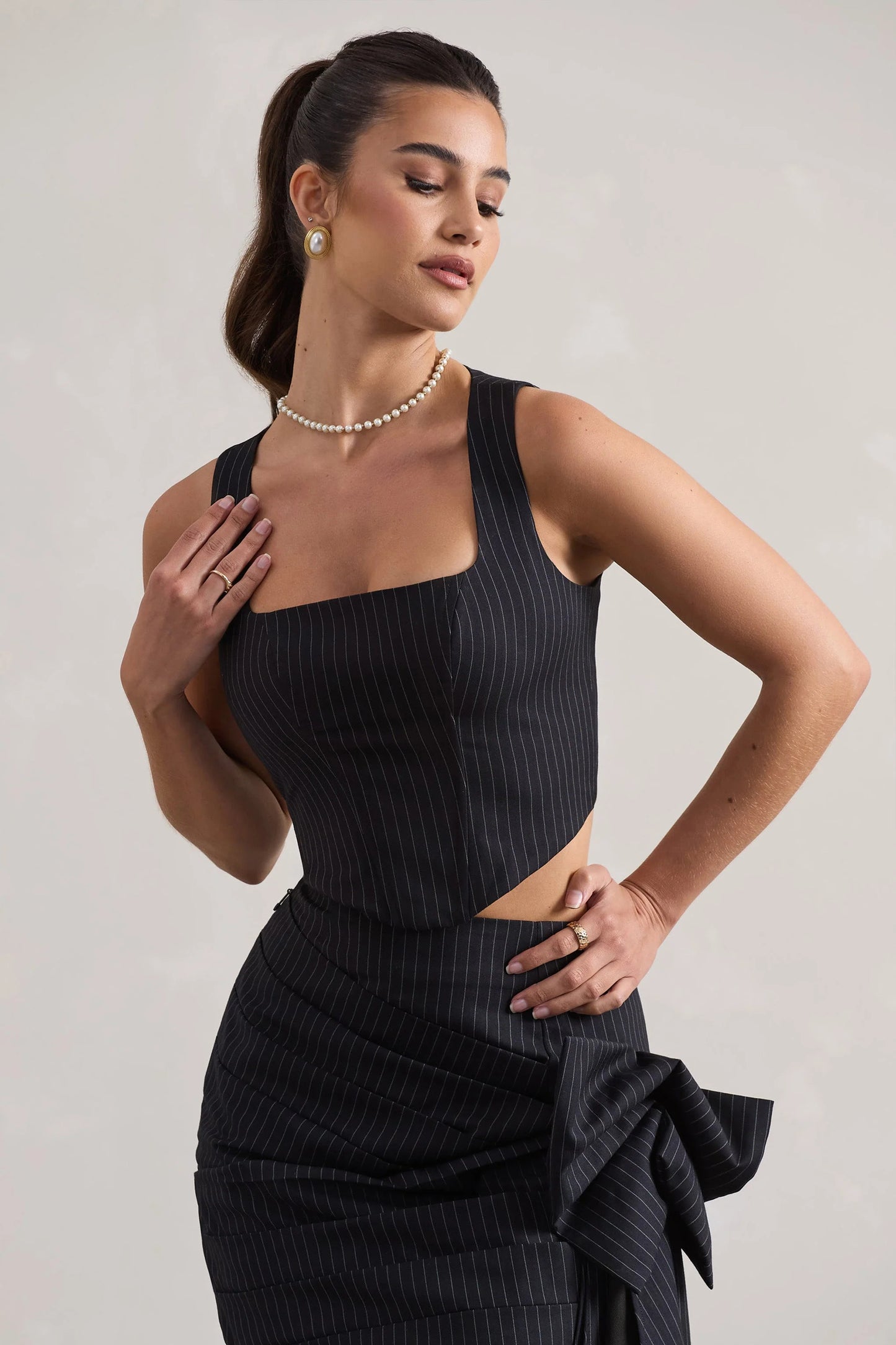 Think Again Navy Pinstripe Structured Corset Top