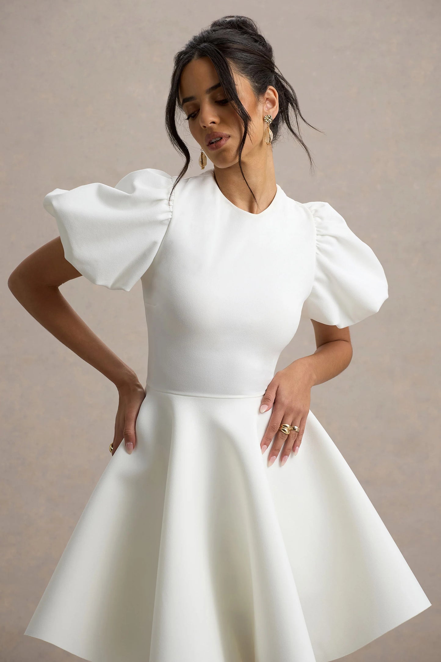 Emelia White Puff-Sleeve Skater Mini Dress