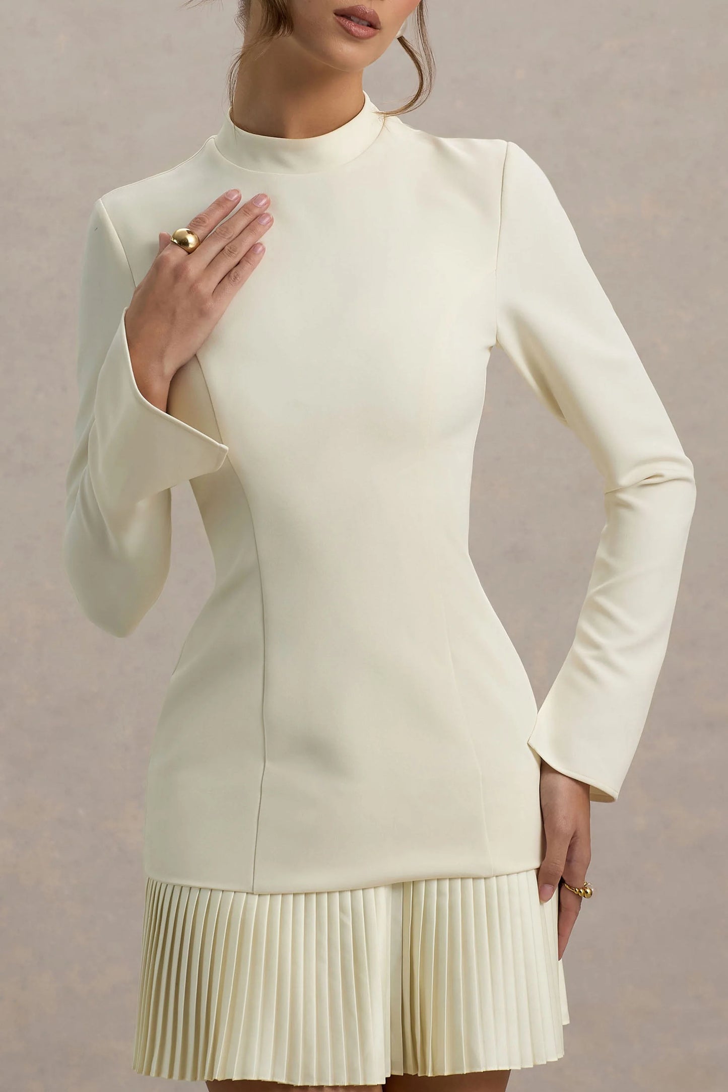Athena Cream Long-Sleeve Mini Dress With Pleated Hem