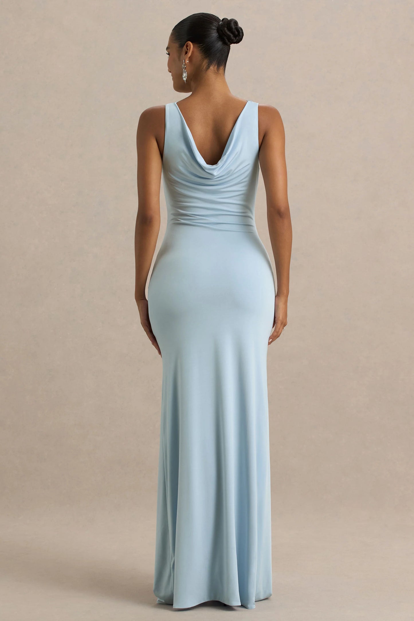 Pure Affection Powder Blue Cowl-Neck Maxi Dress With Ruched Detailing And Front High Split
