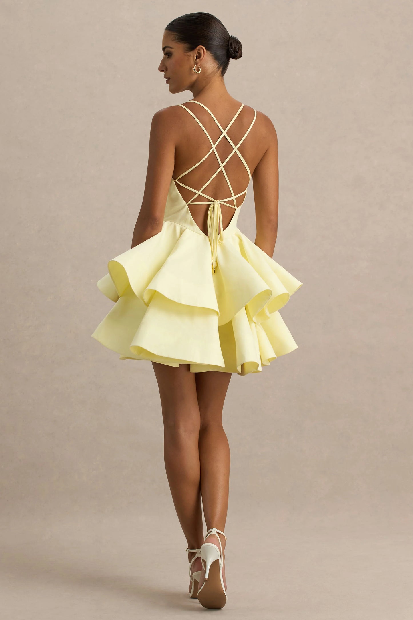 Flavia Lemon Plunge-Neck Ruffled Skater Micro-Mini Dress