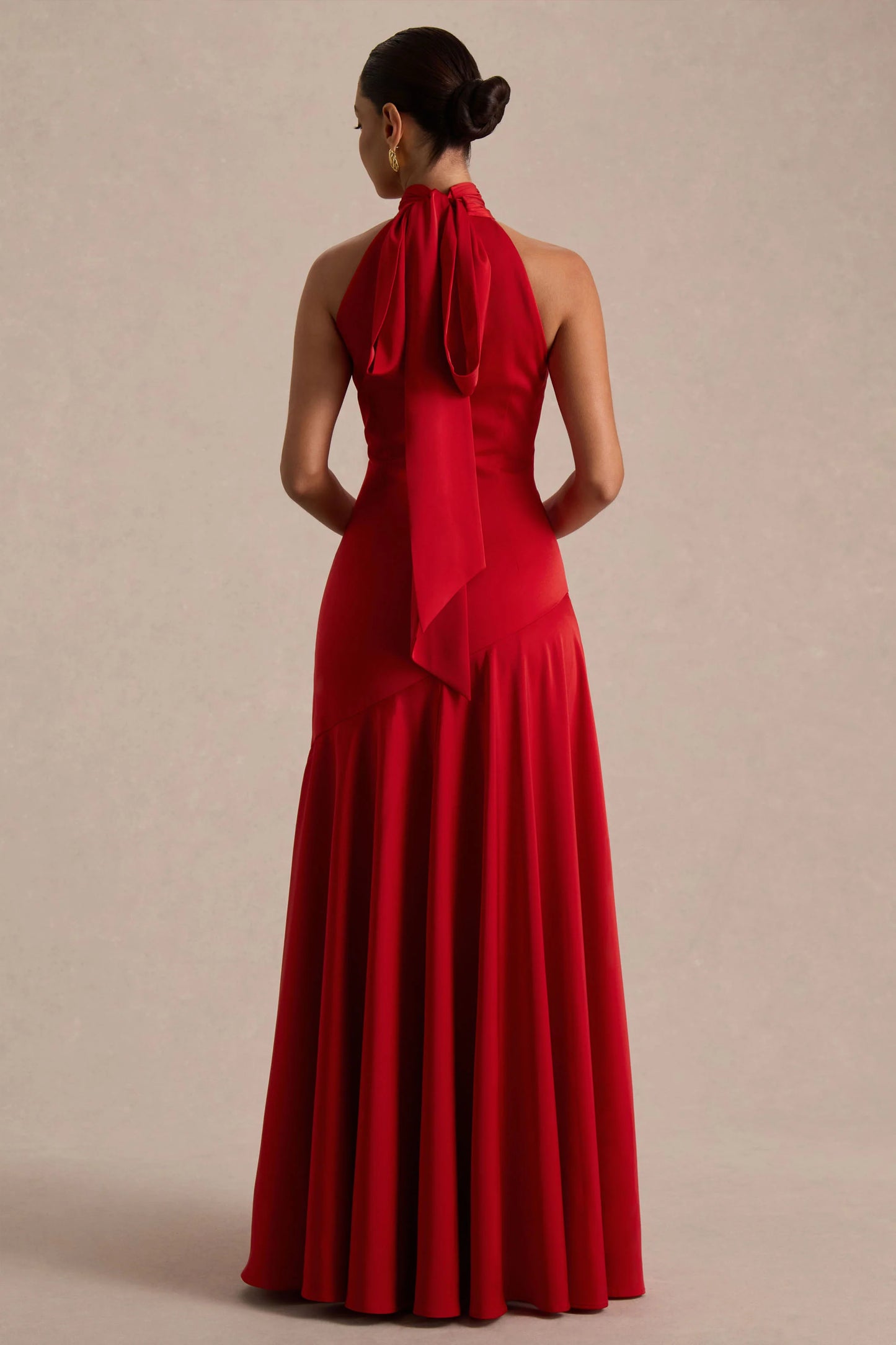 Luscious Red High-Neck Maxi Dress With Drop-Waist And Bow Detail