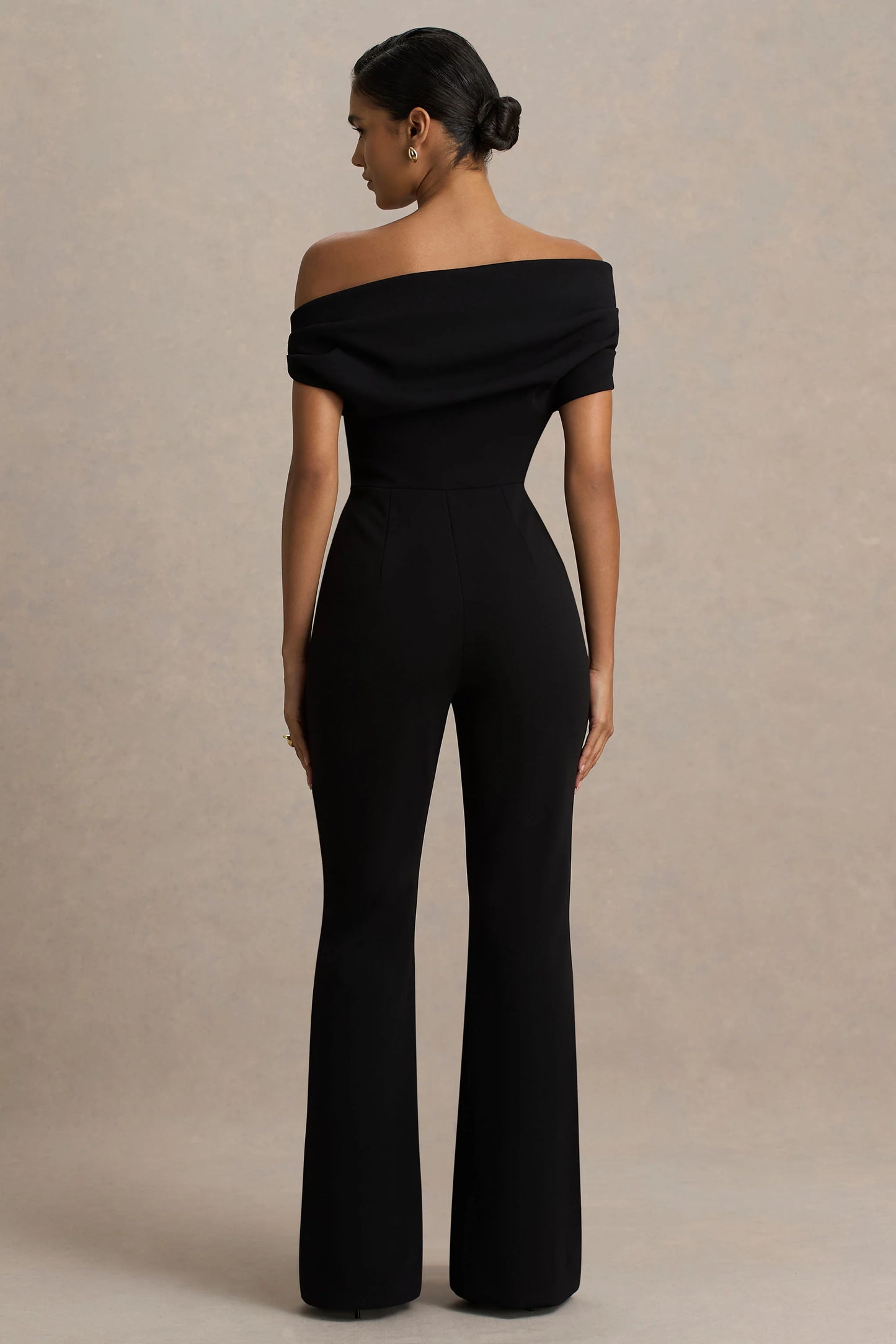 Alexandra Black Asymmetric-Neck Draped Jumpsuit