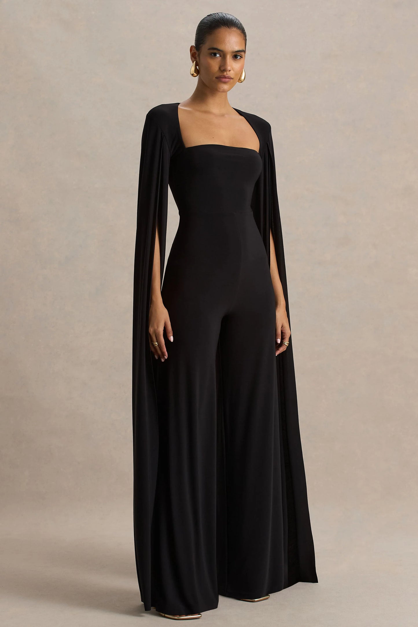 Zara Black Square-Neck Jumpsuit With Cape Sleeves