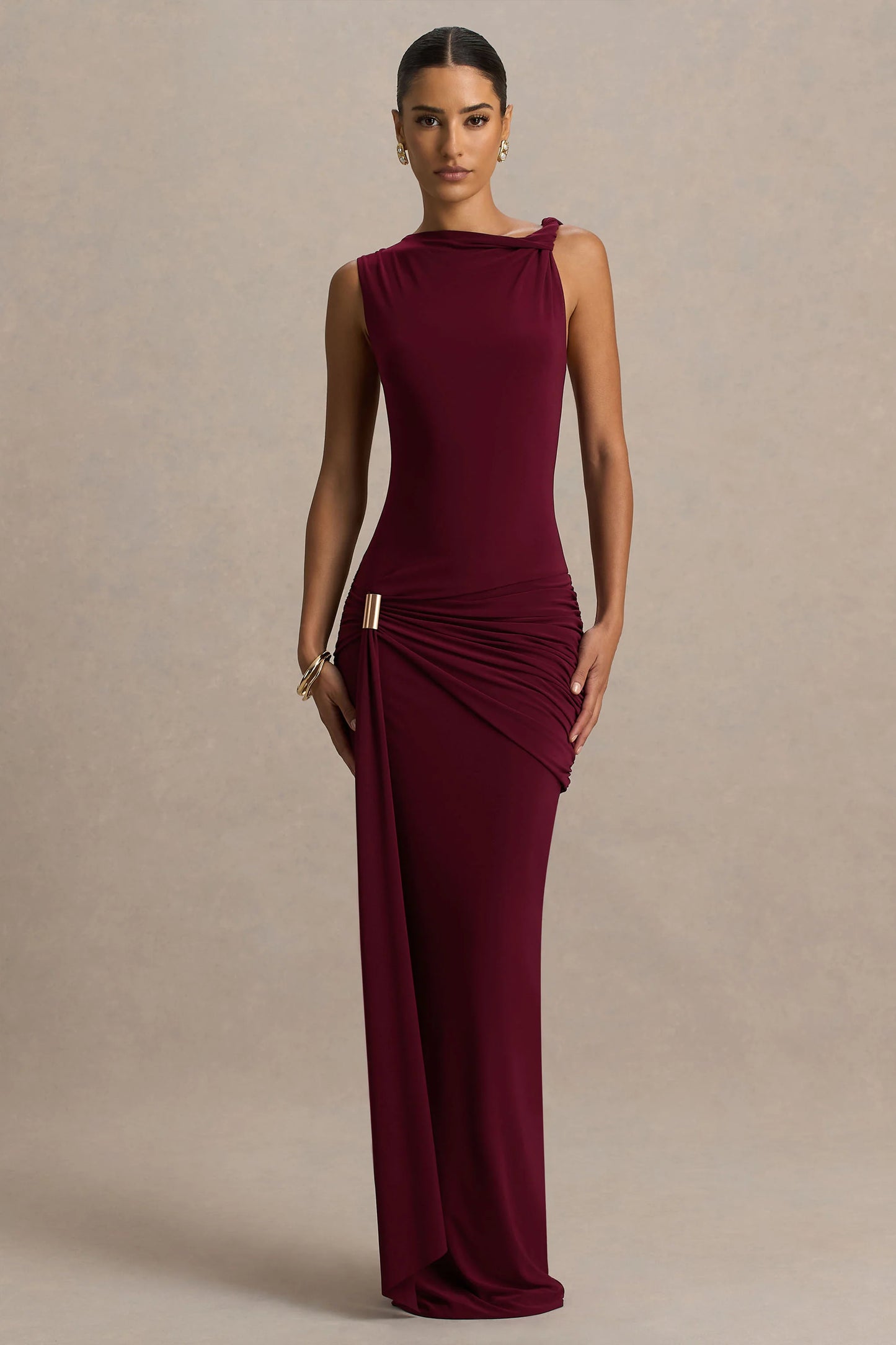Decadence Burgundy High-Neck Wrapped Maxi Dress With Twist-Sleeve