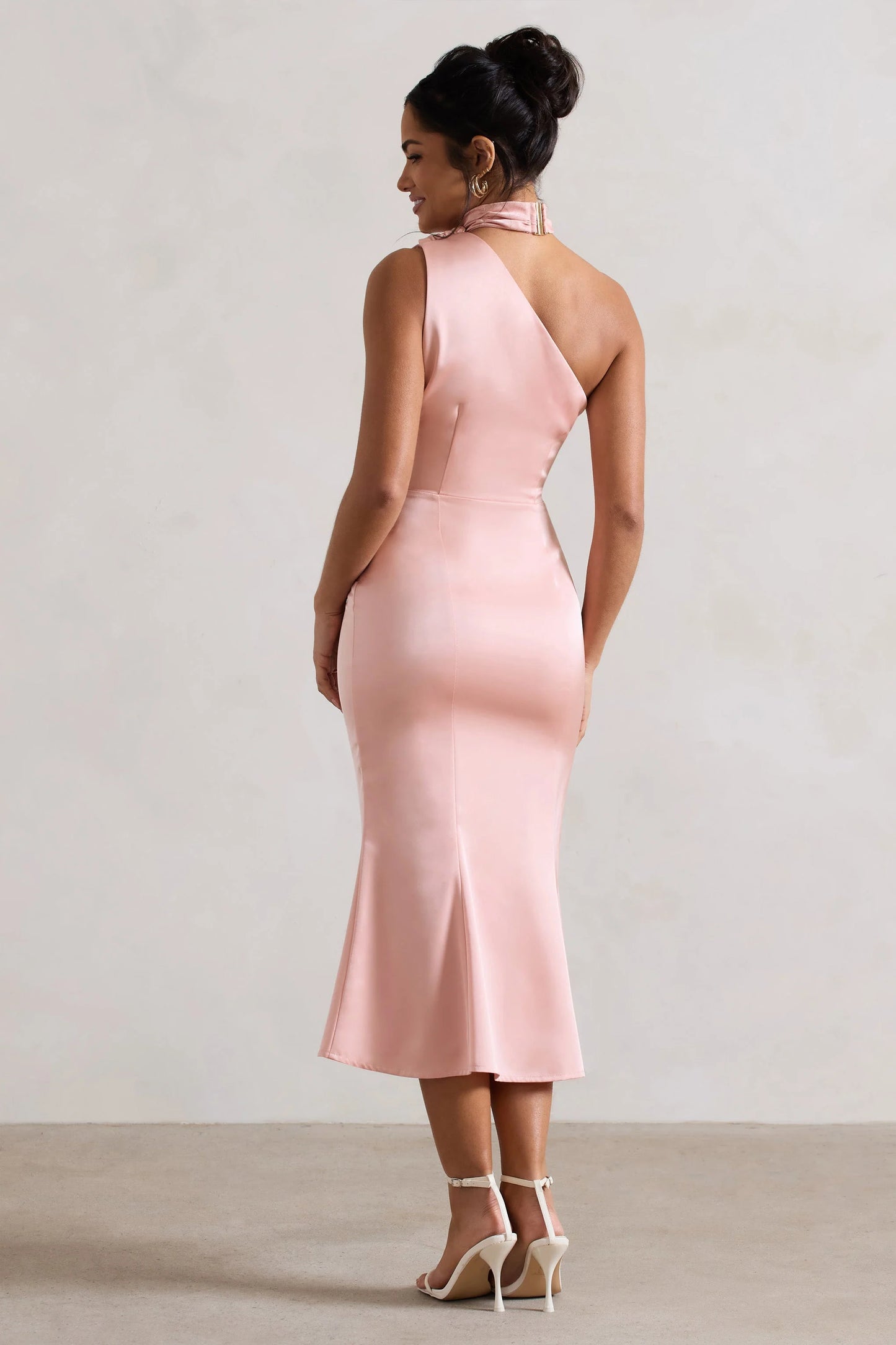 Golden Girl Blush Pink Satin One Shoulder High-Neck Flared Midi Dress