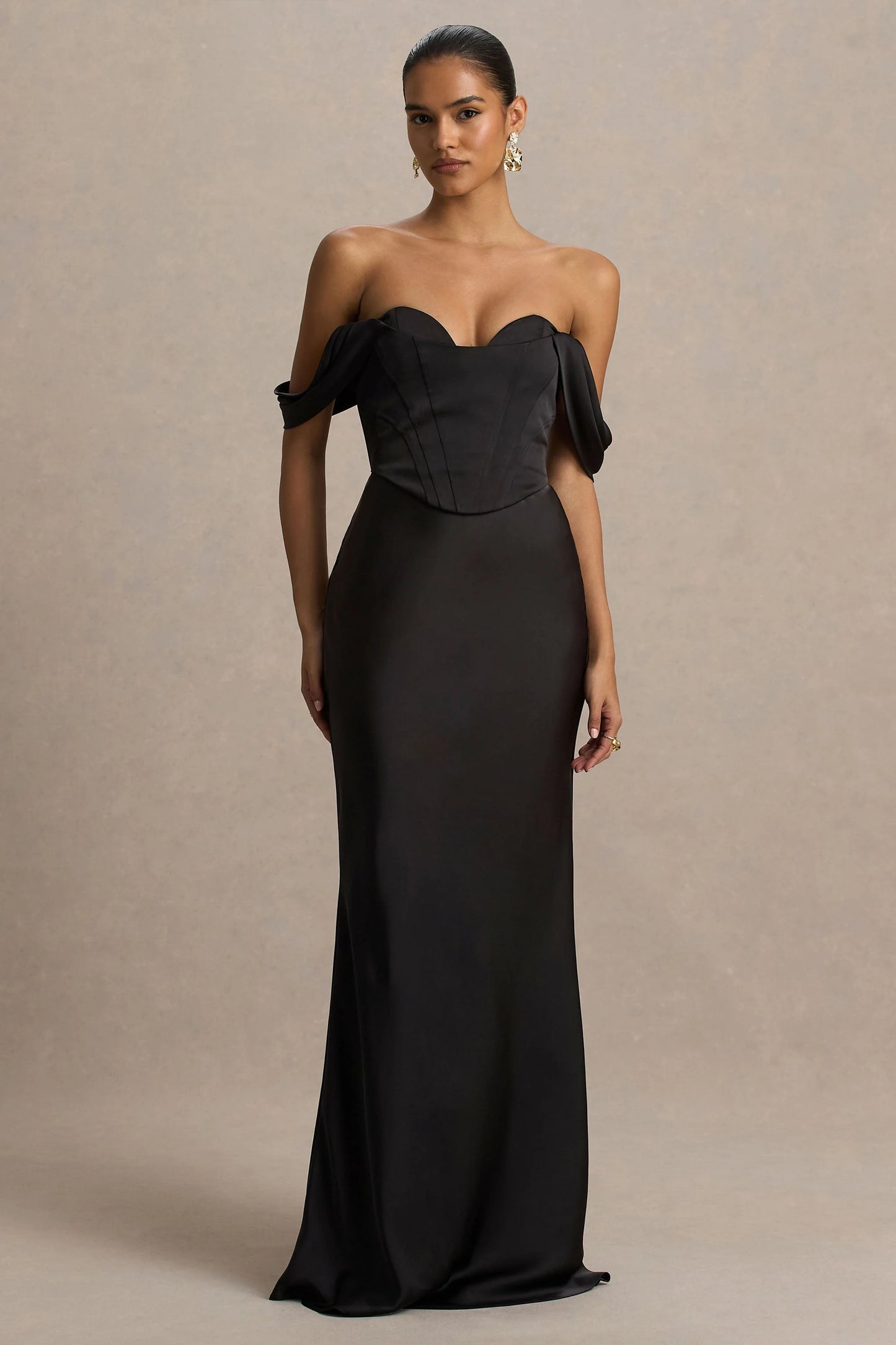 Perenna Black Satin Sweetheart-Neck Maxi Dress With Draped-Sleeves