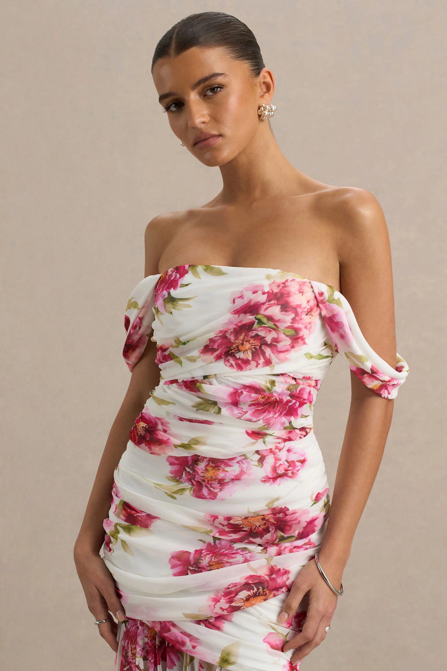 Madelyn Cream Floral Print Short-Sleeve Bardot Wrap Maxi Dress With Ruching