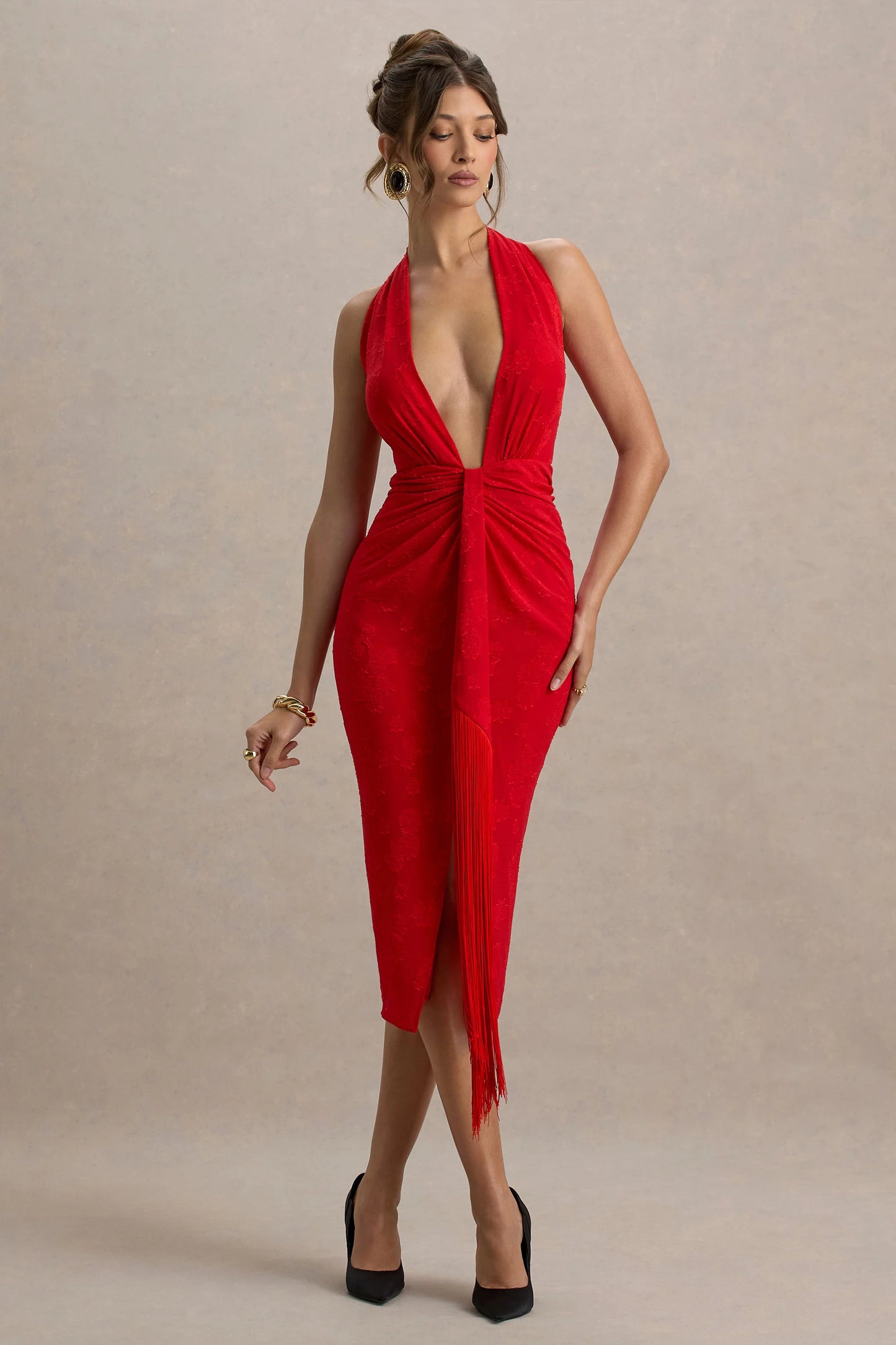 Auria Red Satin Devore Plunge-Neck Midi Dress With Fringe Details