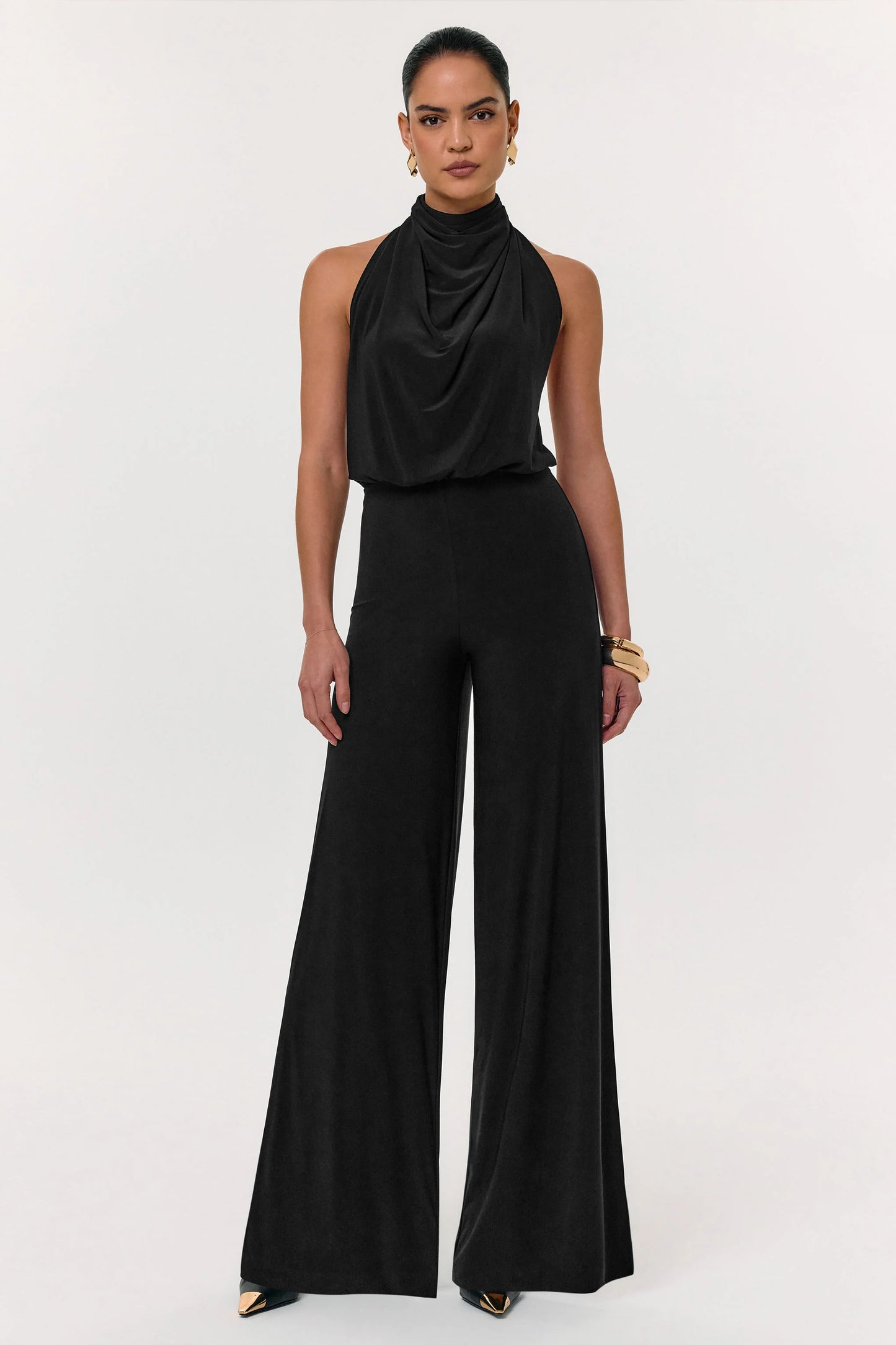 Asha Black High-Neck Jumpsuit With Ruched Detail