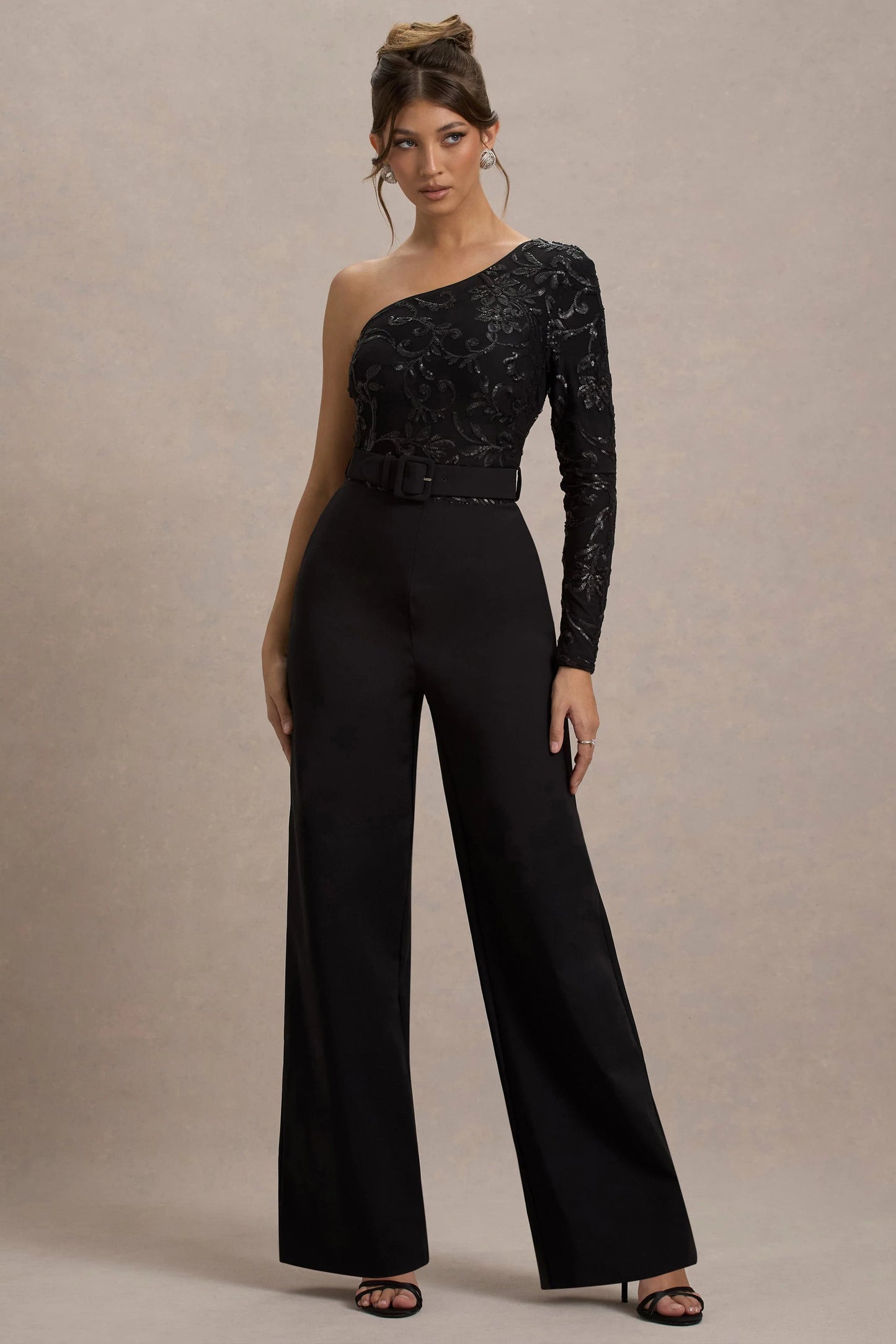 Upgrade Black Lace Asymmetric Belted Wide-Leg Jumpsuit