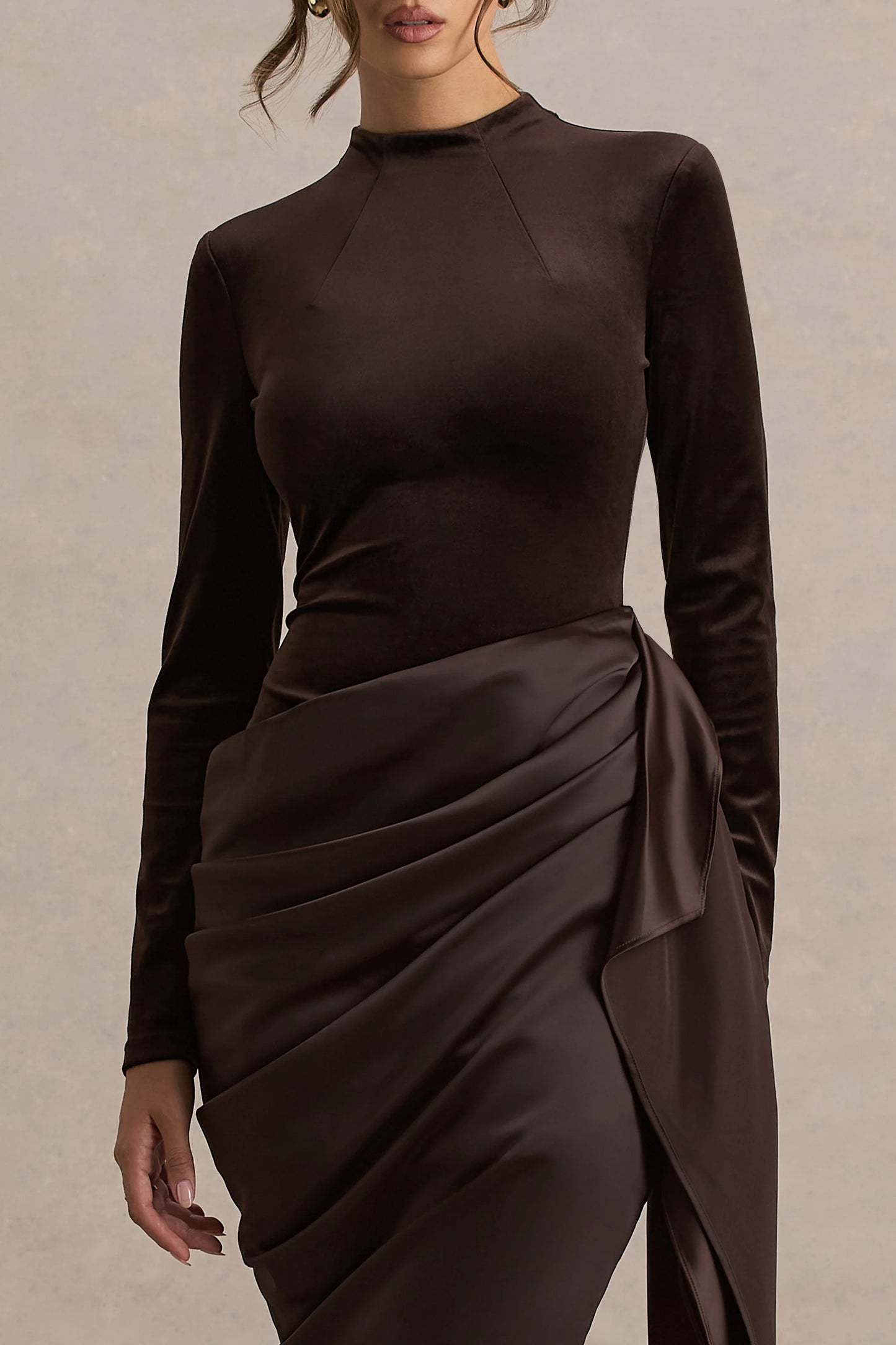 Sasha Brown Satin And Velvet Midi Dress With Wrap-Detail