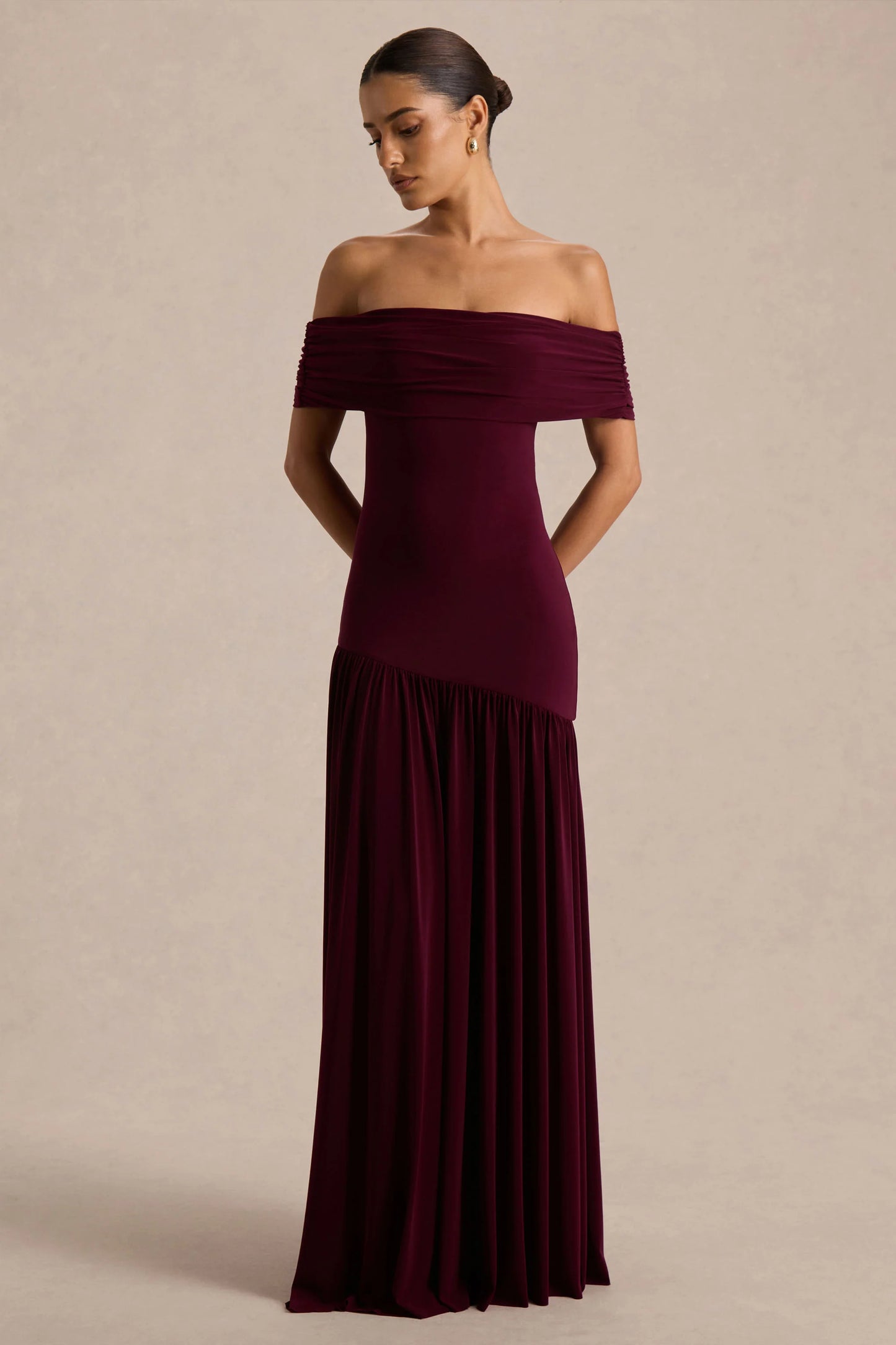 Venezia Burgundy Bardot Maxi Dress With Drop-Waist