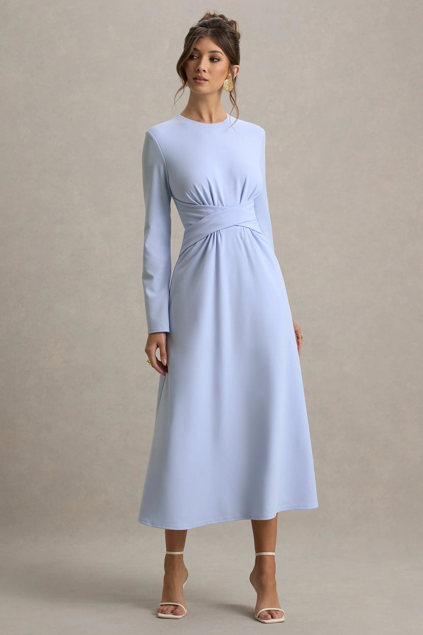 Cassiopeia Light Blue Long-Sleeve Midi Dress With Cross Waist