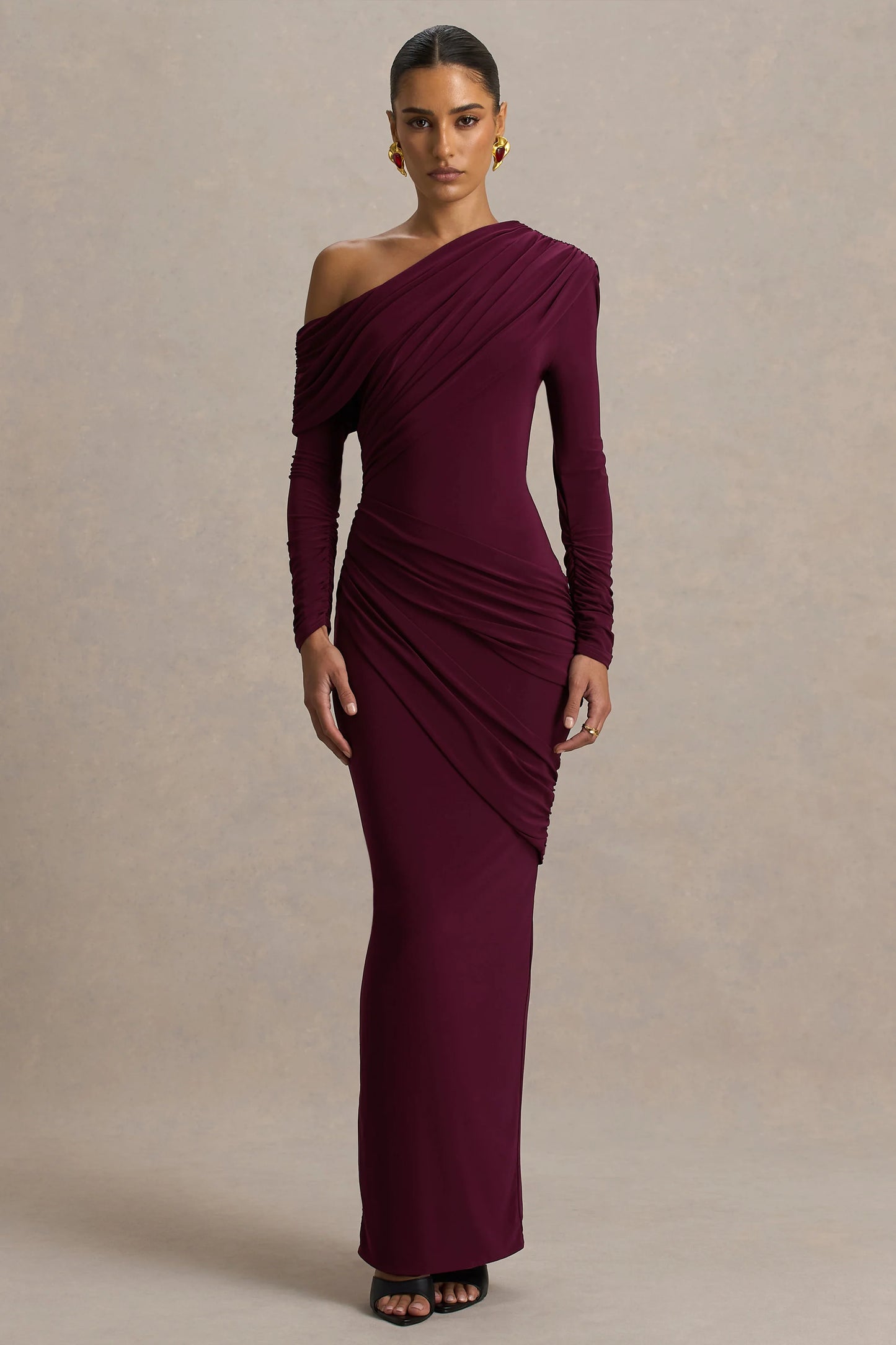 Perrie Burgundy Asymmetric-Neck Maxi Dress With Ruched Detailing