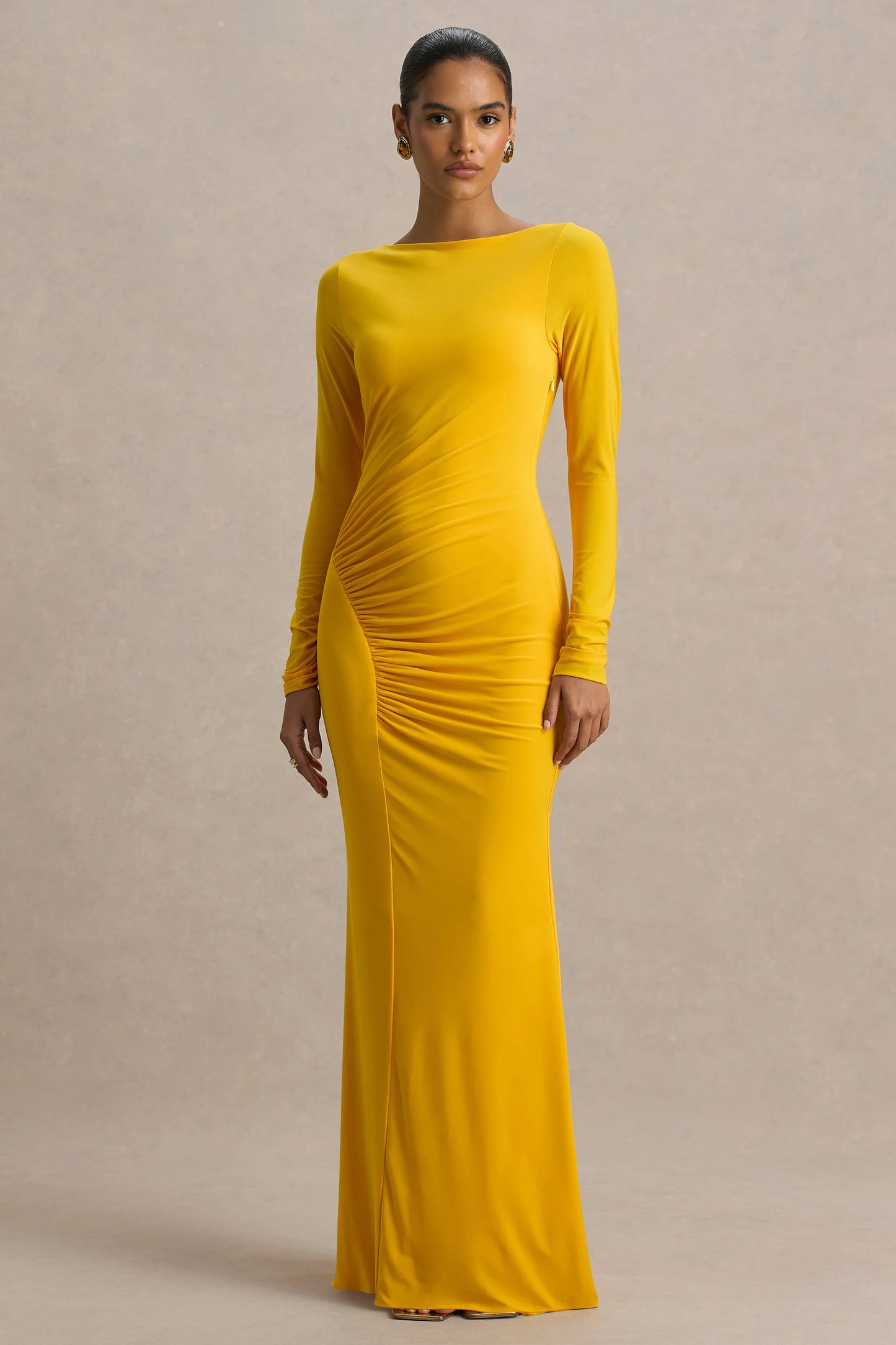 Diva Yellow Slashed-Neck Maxi Dress With Ruched Detailing
