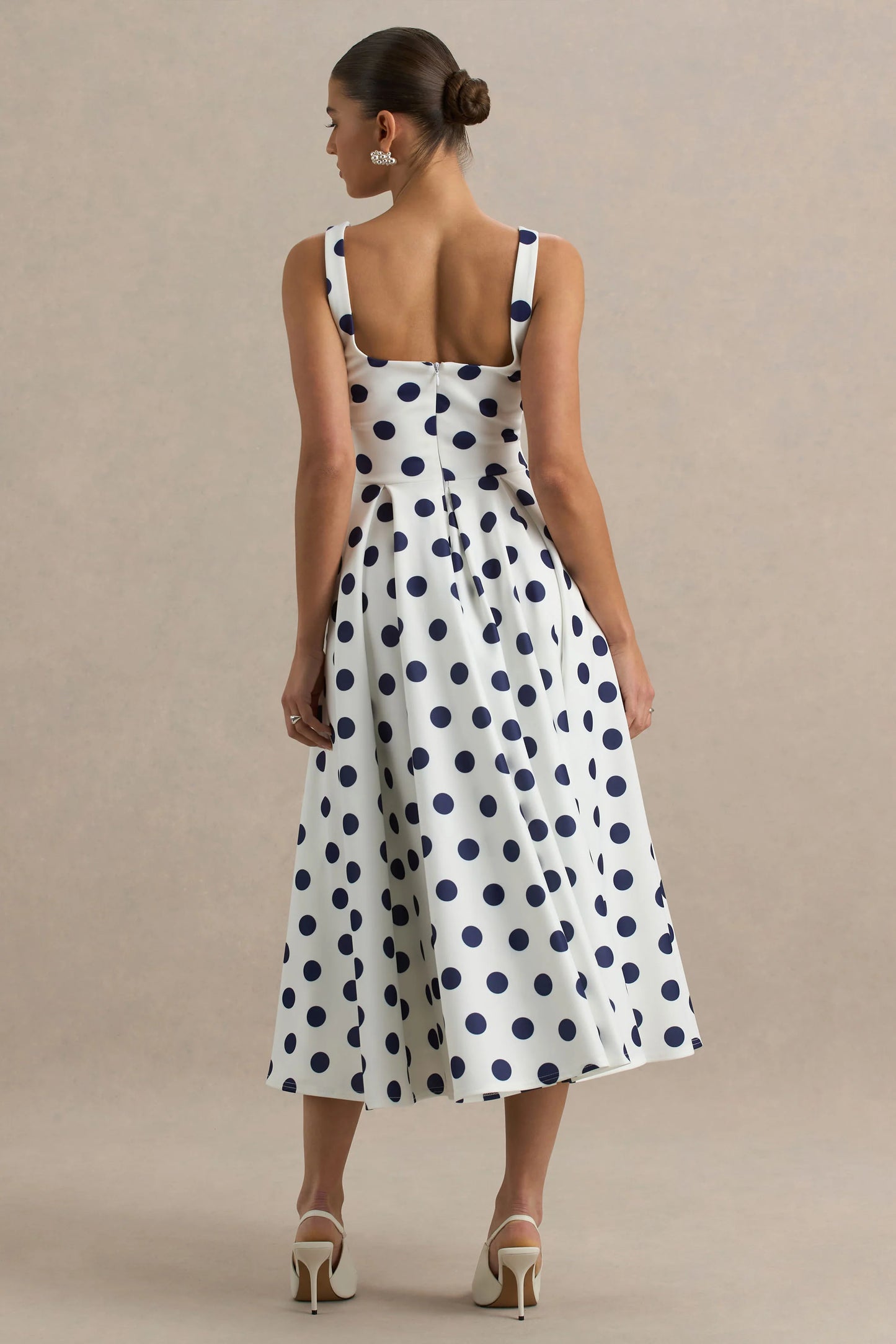Berta White And Navy Polka-Dot Square-Neck Midi Dress