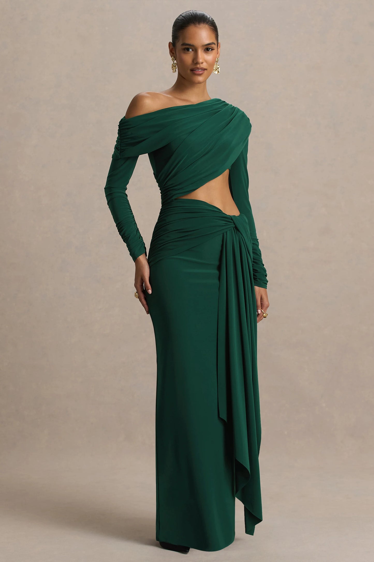 Mikayla Dark Green Asymmetric-Neck Wrap Maxi Dress With Body Cut-Out And Ruched Detailing