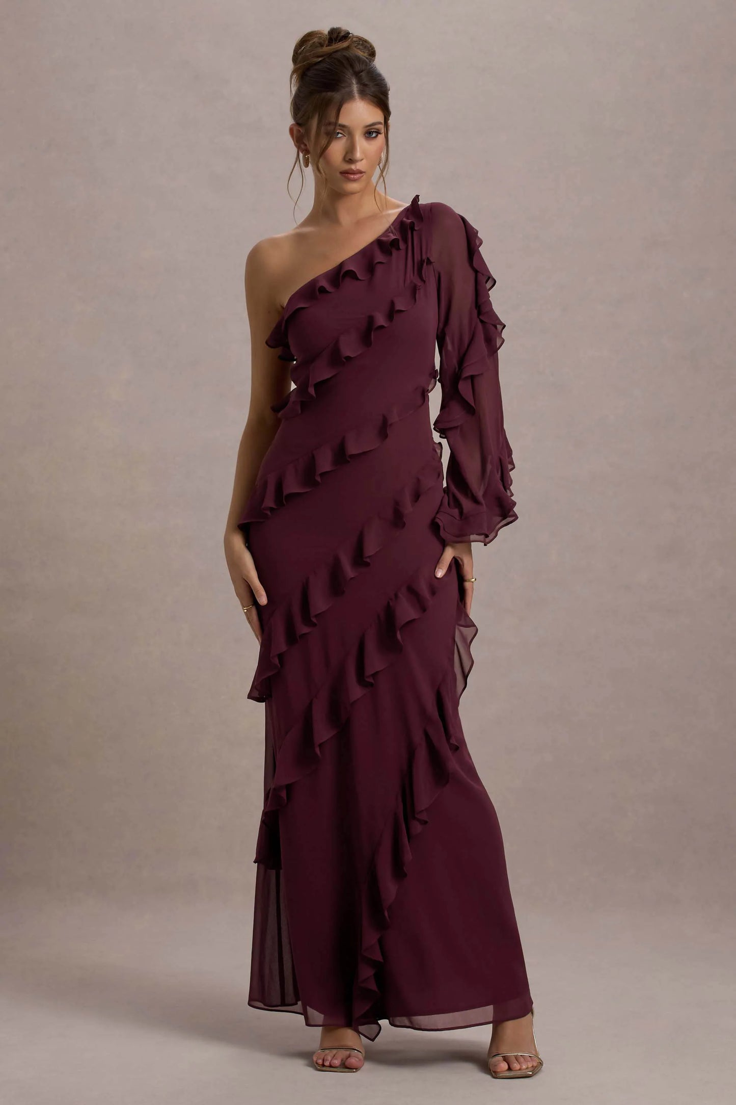 Lalika Burgundy Asymmetric One-Sleeve Ruffle Maxi Dress