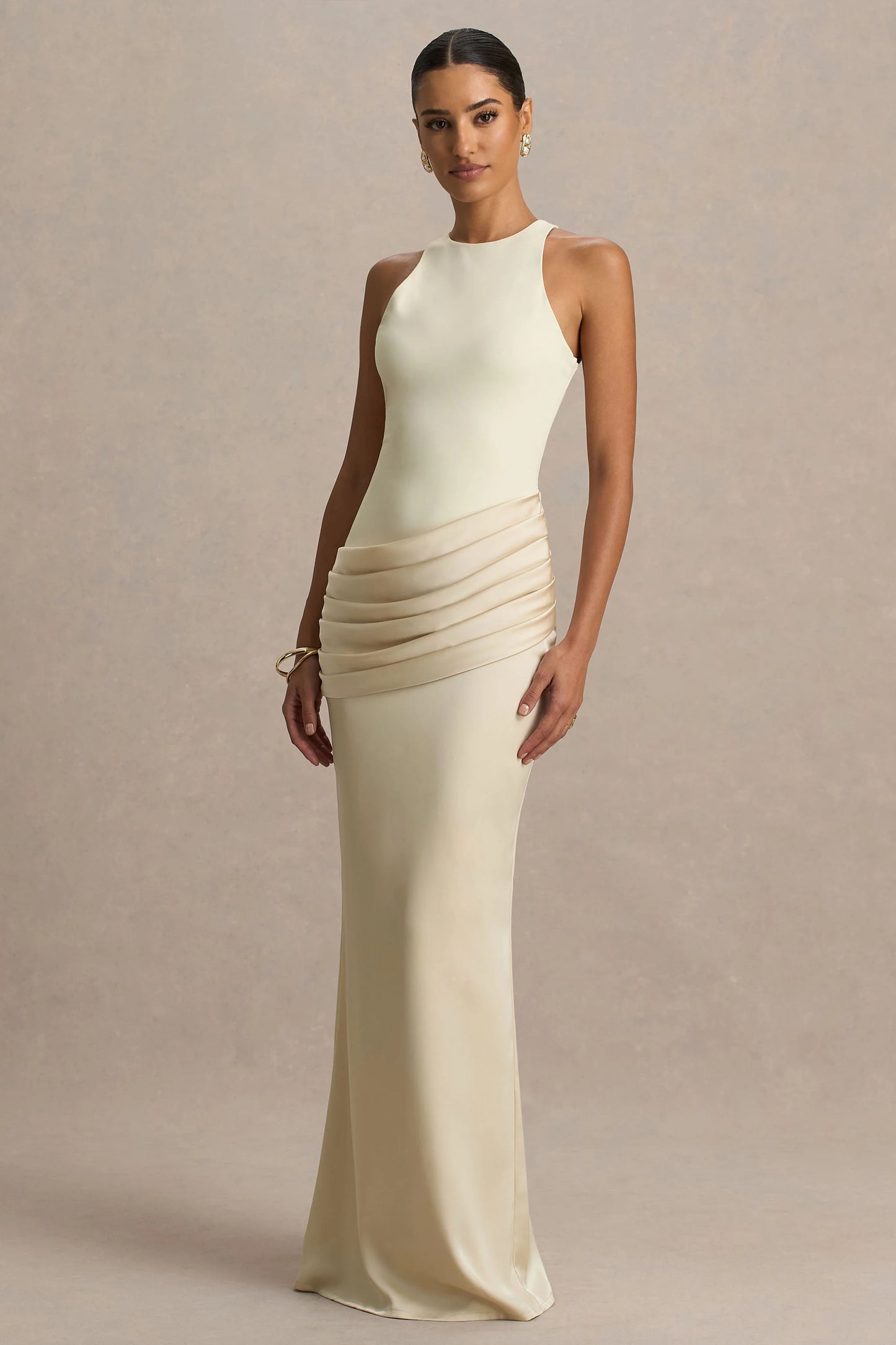 Akari Cream Crew-Neck Maxi Dress With Satin Skirt