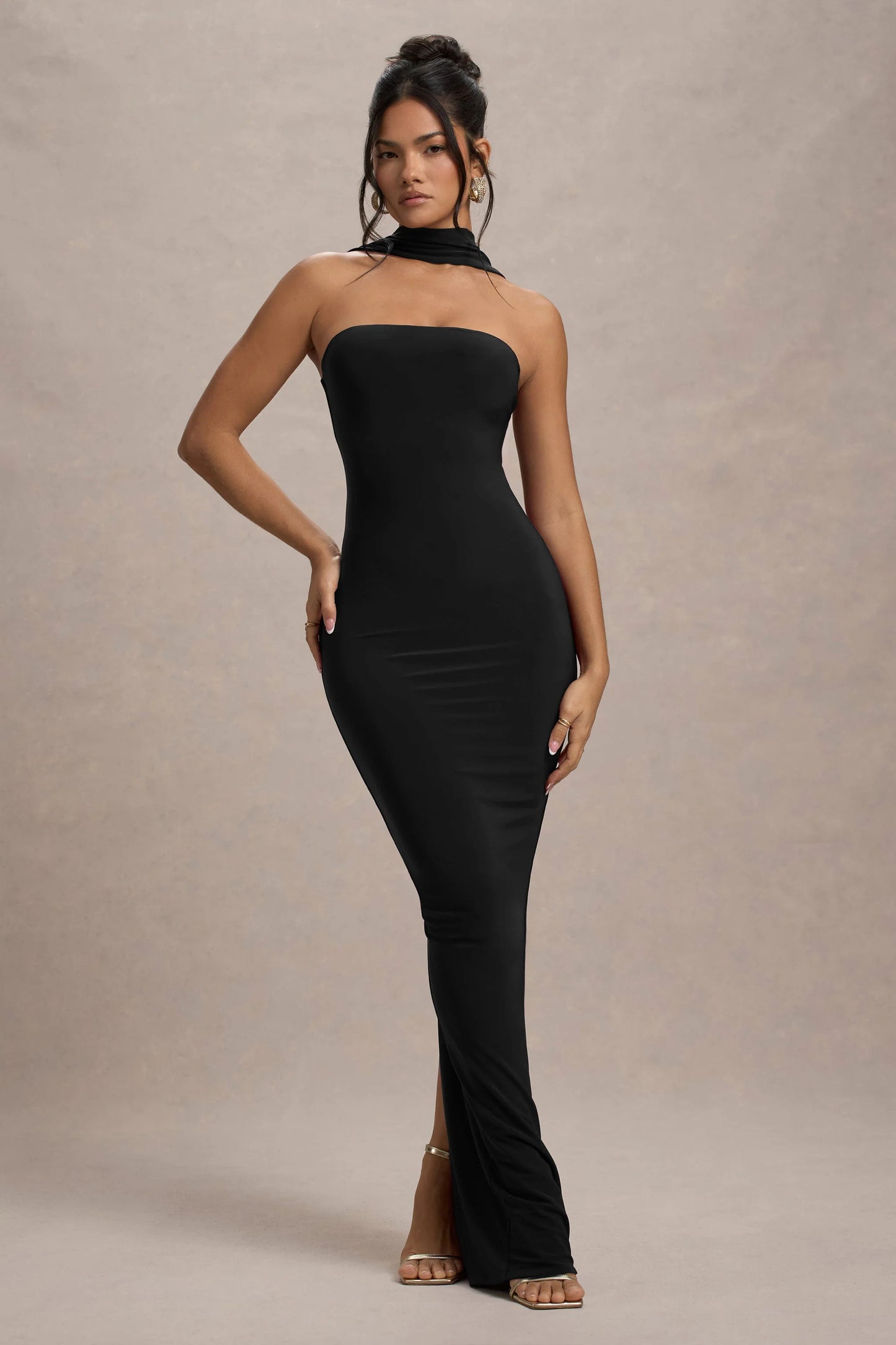 Nobu Black Bandeau Maxi Dress With Halter-Collar