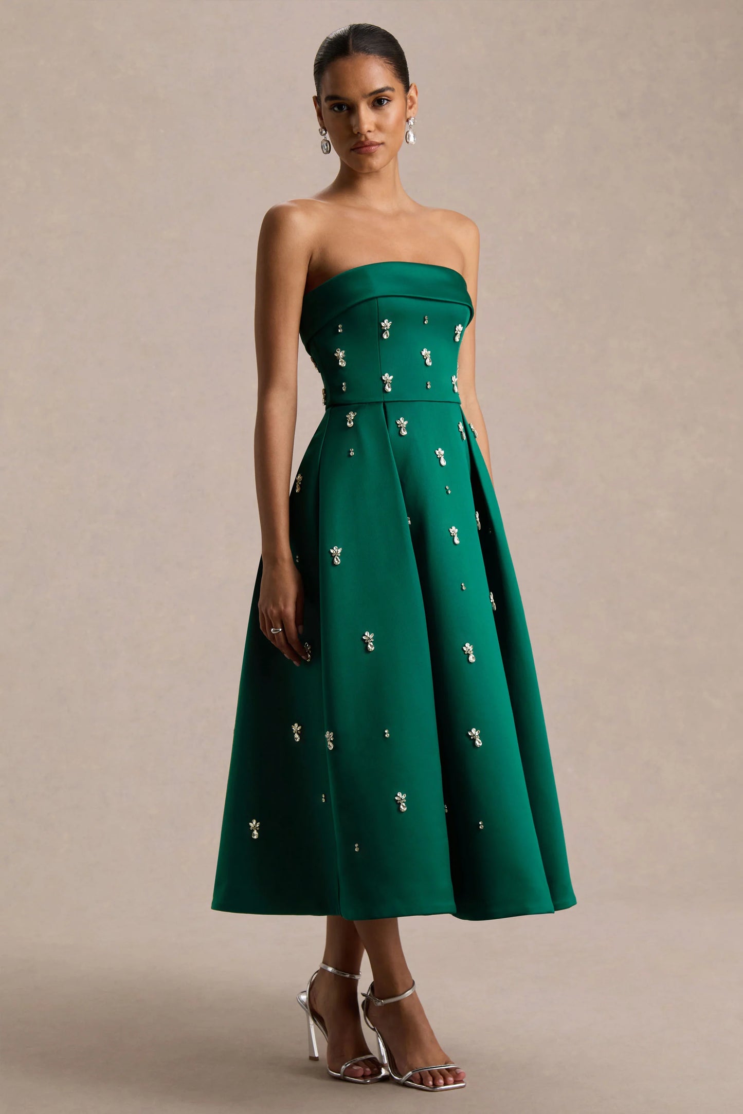 Sylvette Dark Green Satin Bandeau Skater Midi Dress