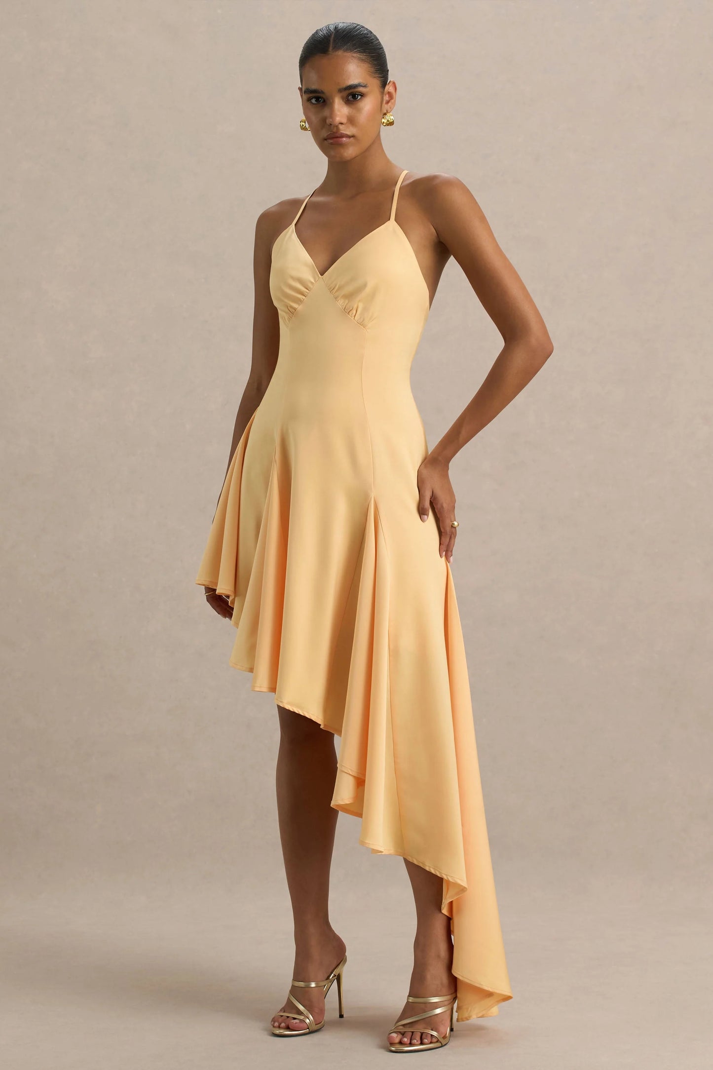 Glint Peach Satin Plunge-Neck Maxi Dress With Asymmetric Hem