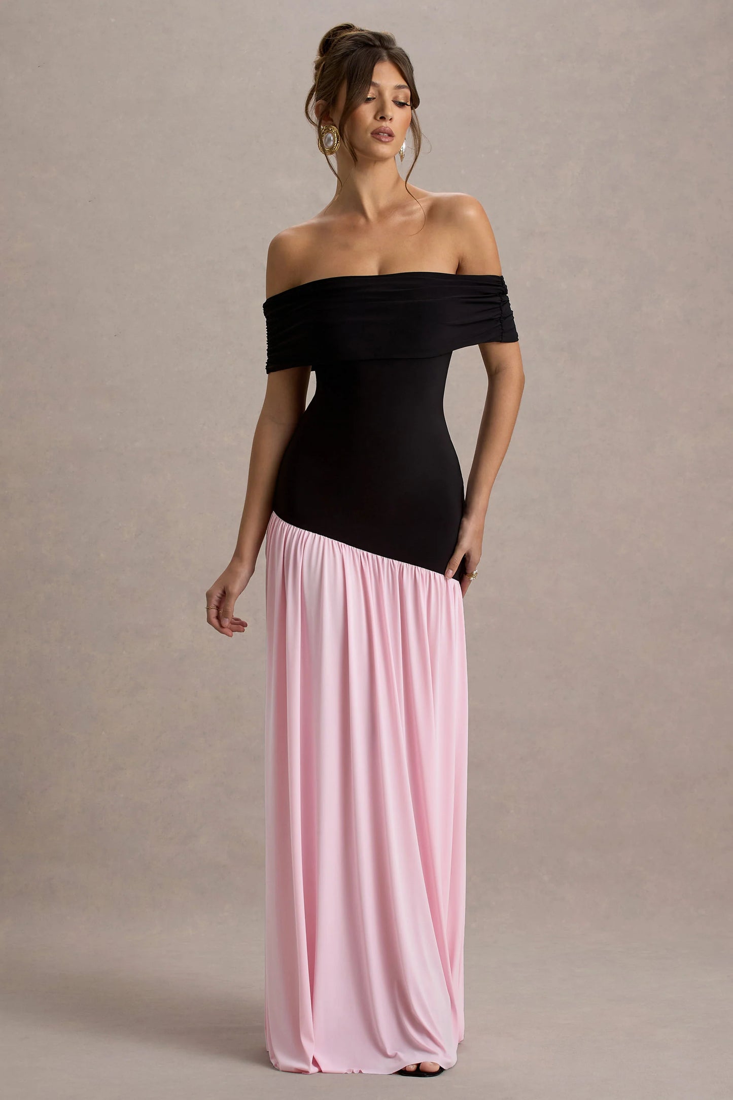 Venezia Black & Pink Bardot Maxi Dress With Drop-Waist