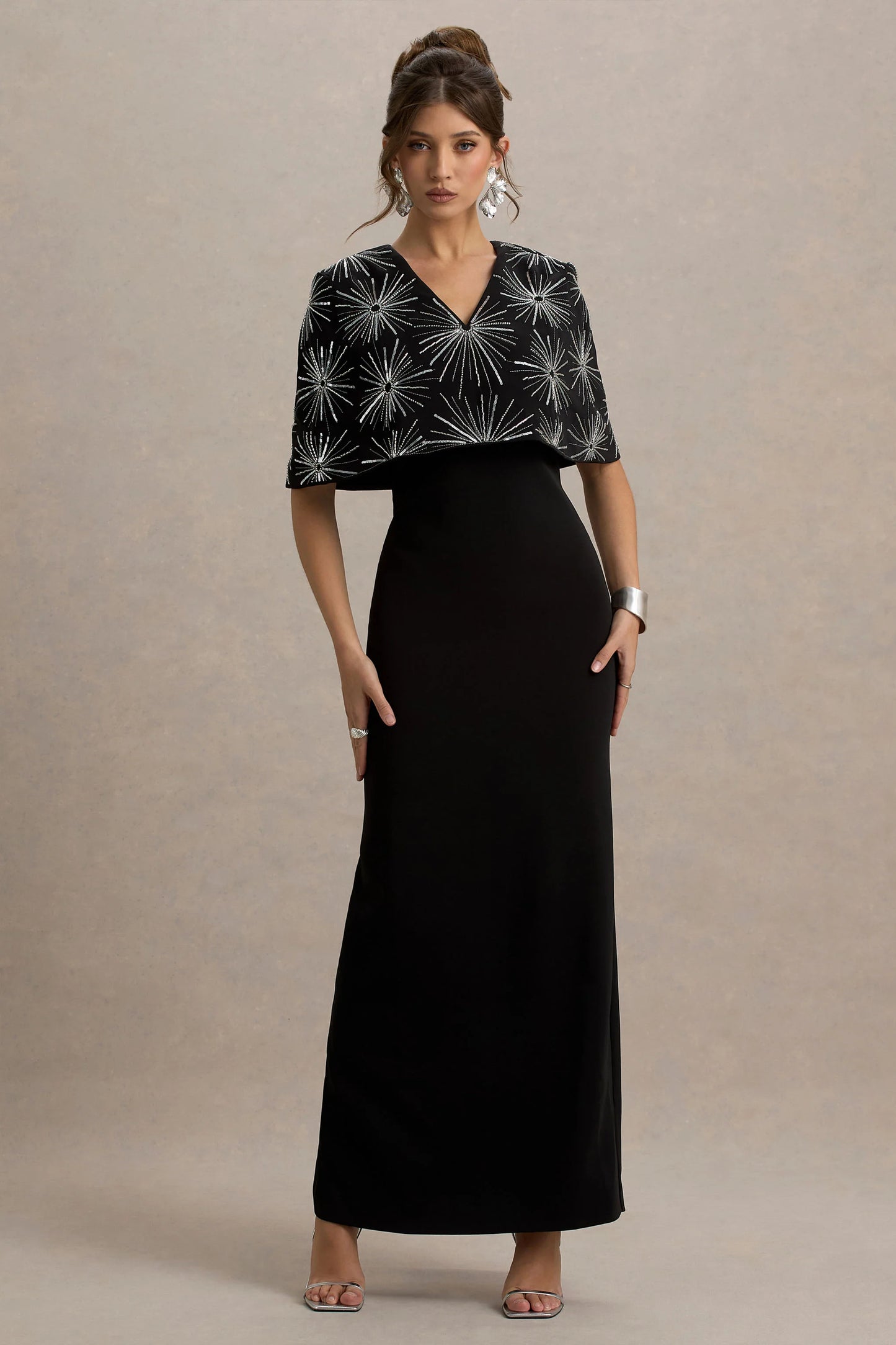 Agnella Black Embellished V-Neck Maxi Dress