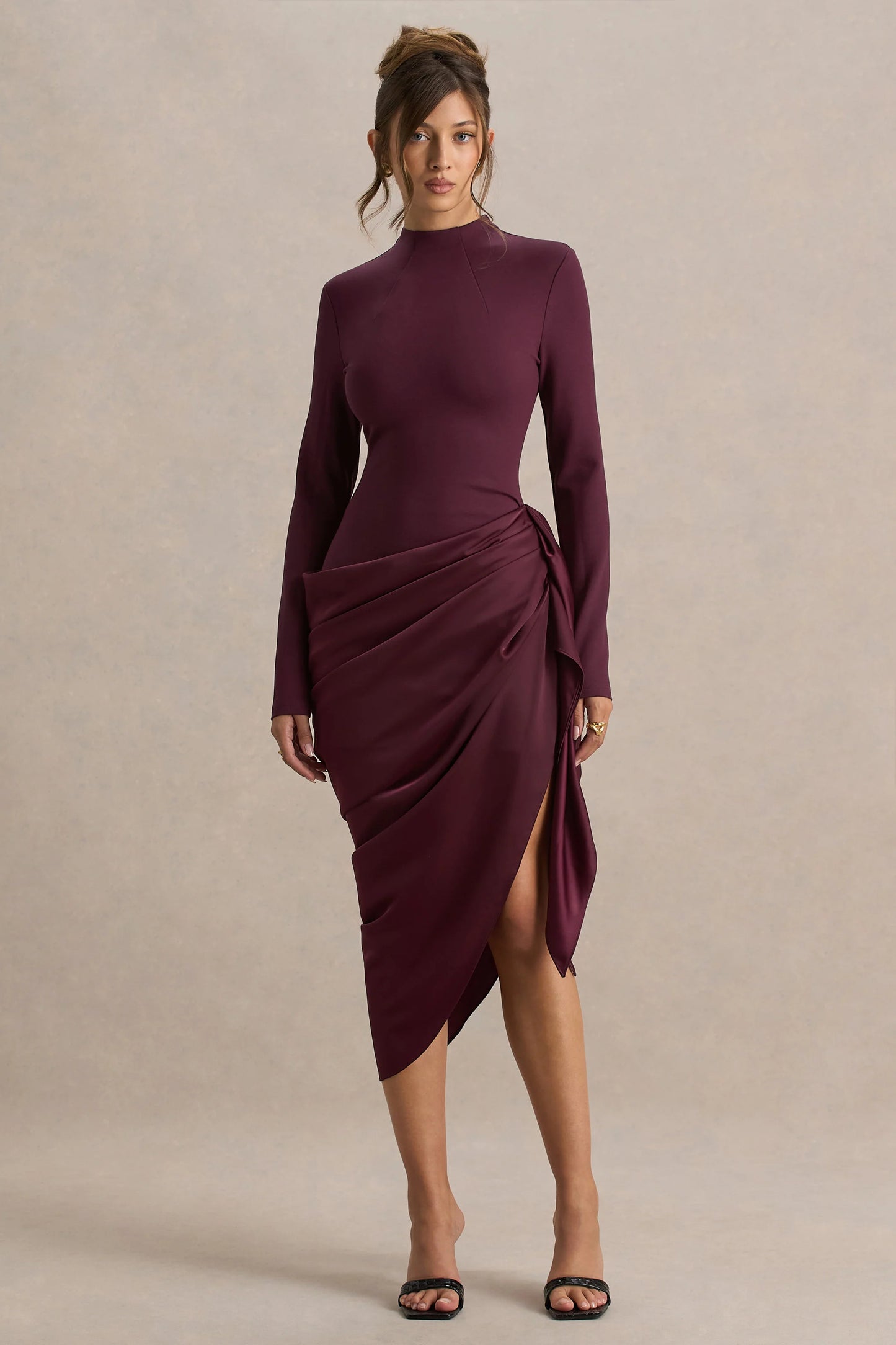 Raffie Plum Long-Sleeve Midi Dress With Satin Wrap Skirt