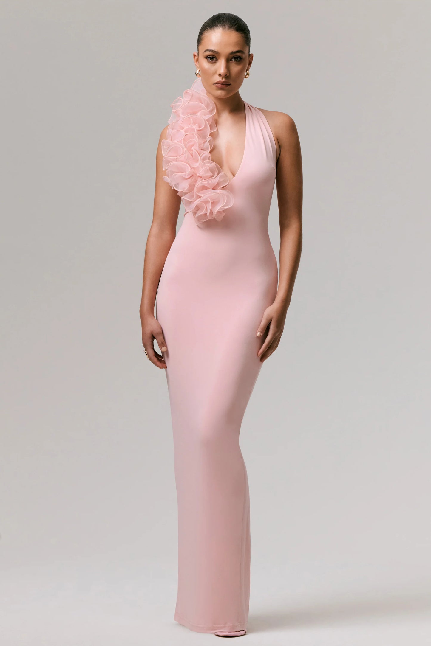 Harriet Pink Plunge-Neck Maxi Dress With Floral Detail