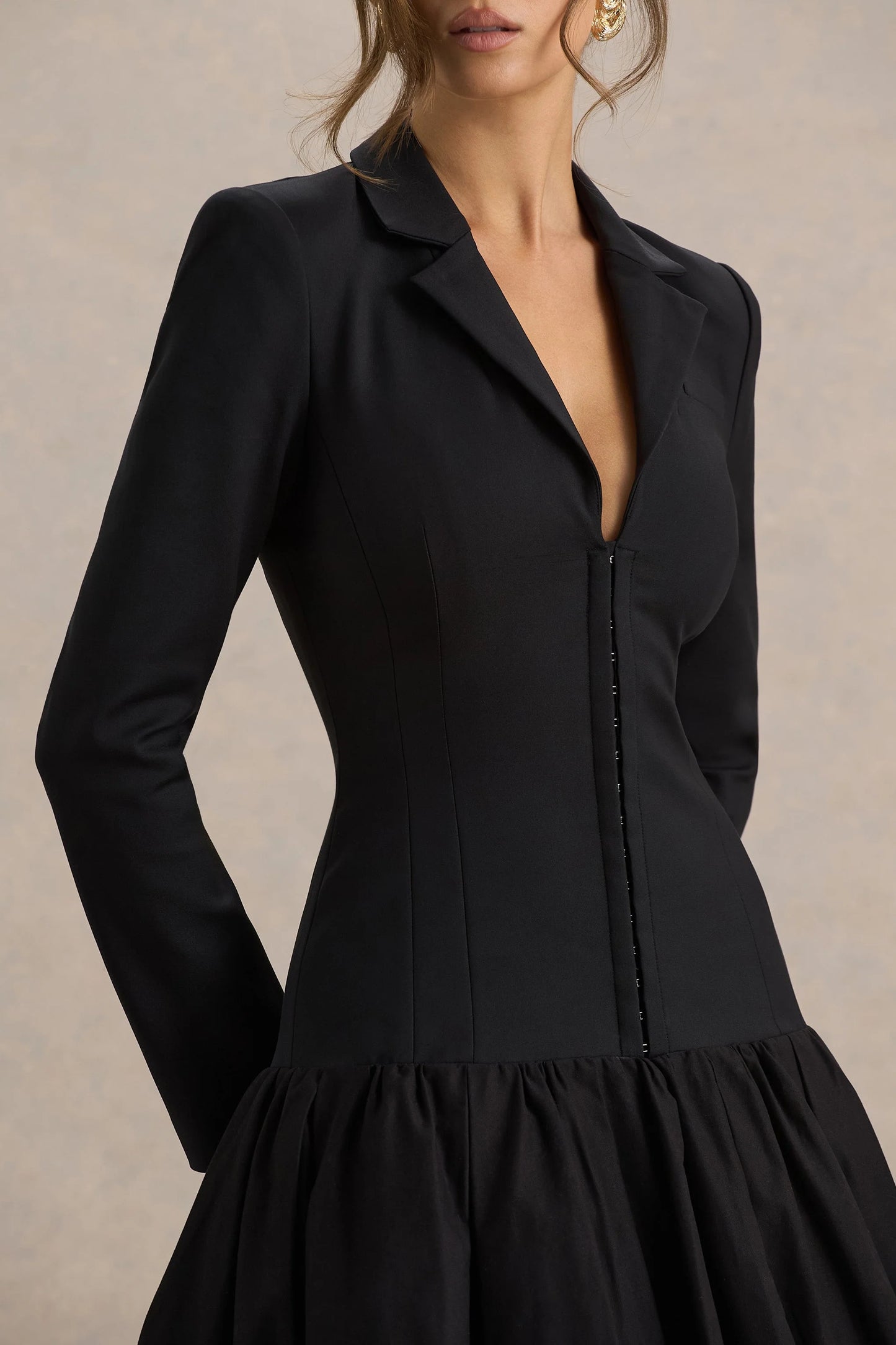 Cosmopolitan Black Plunge-Neck Tailored Midi Dress With Pleated Hem