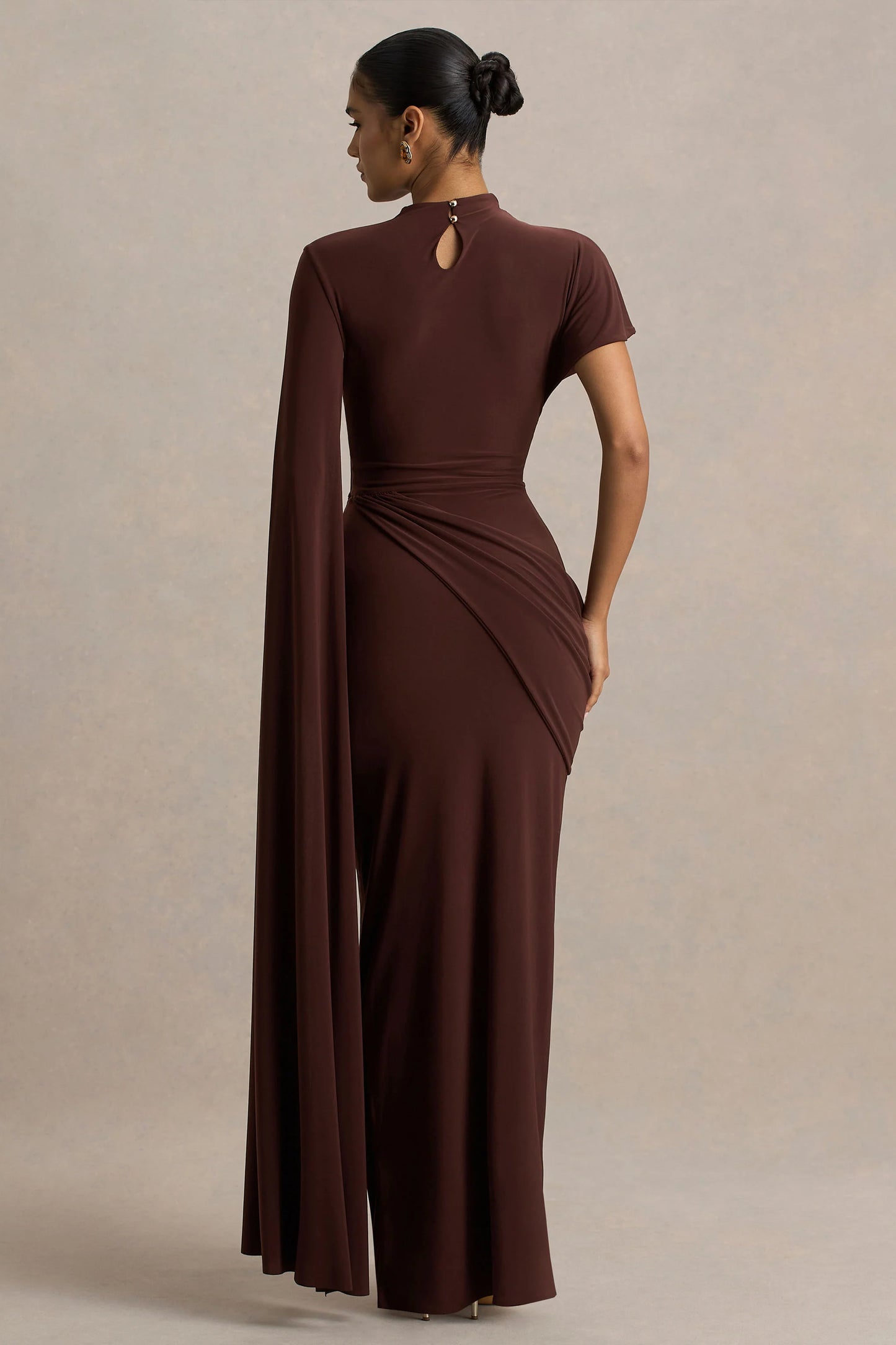 Tropic Brown High-Neck Maxi With Long Cape Sleeve