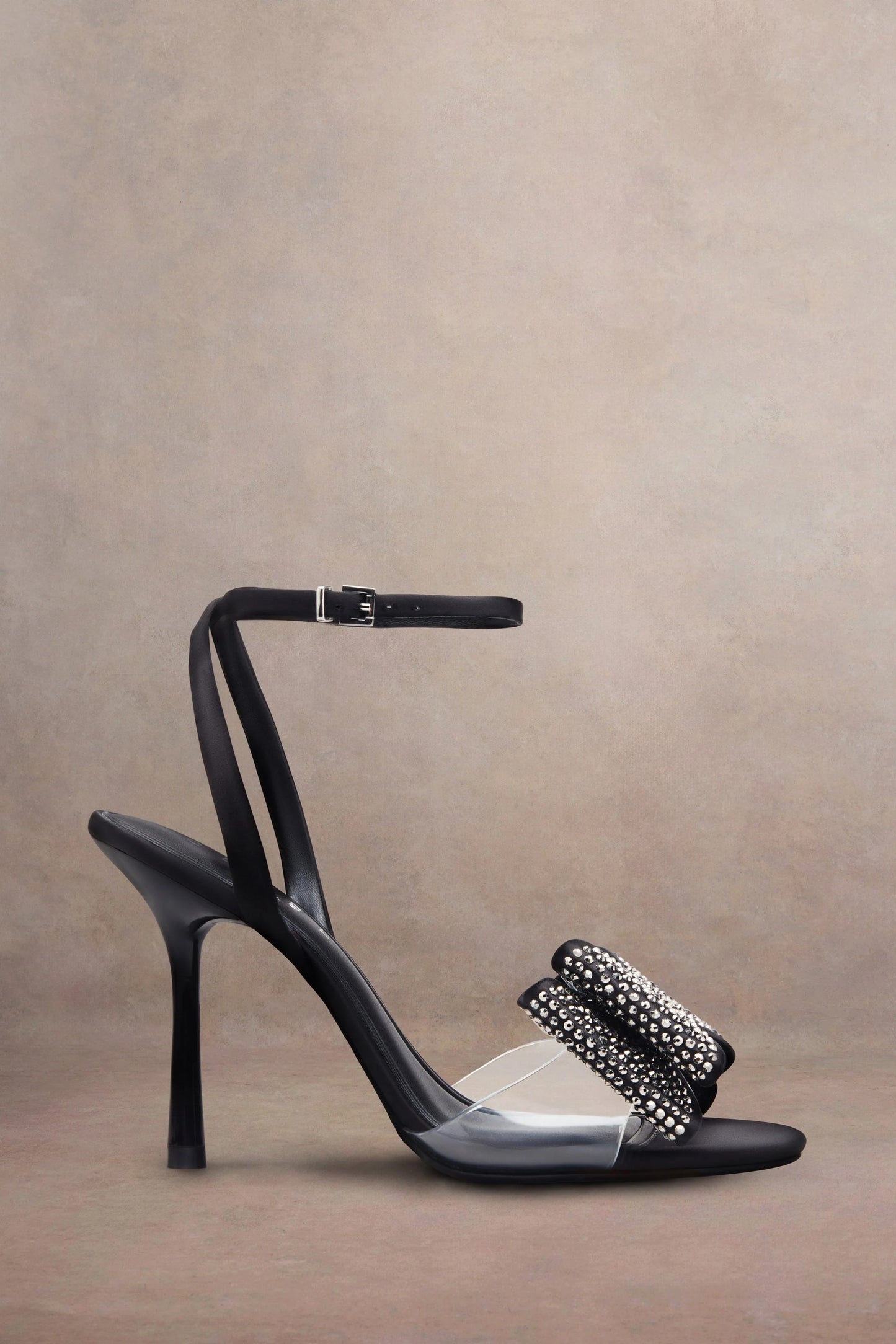 Bowing Black Satin Heeled Sandals With Diamante Bows