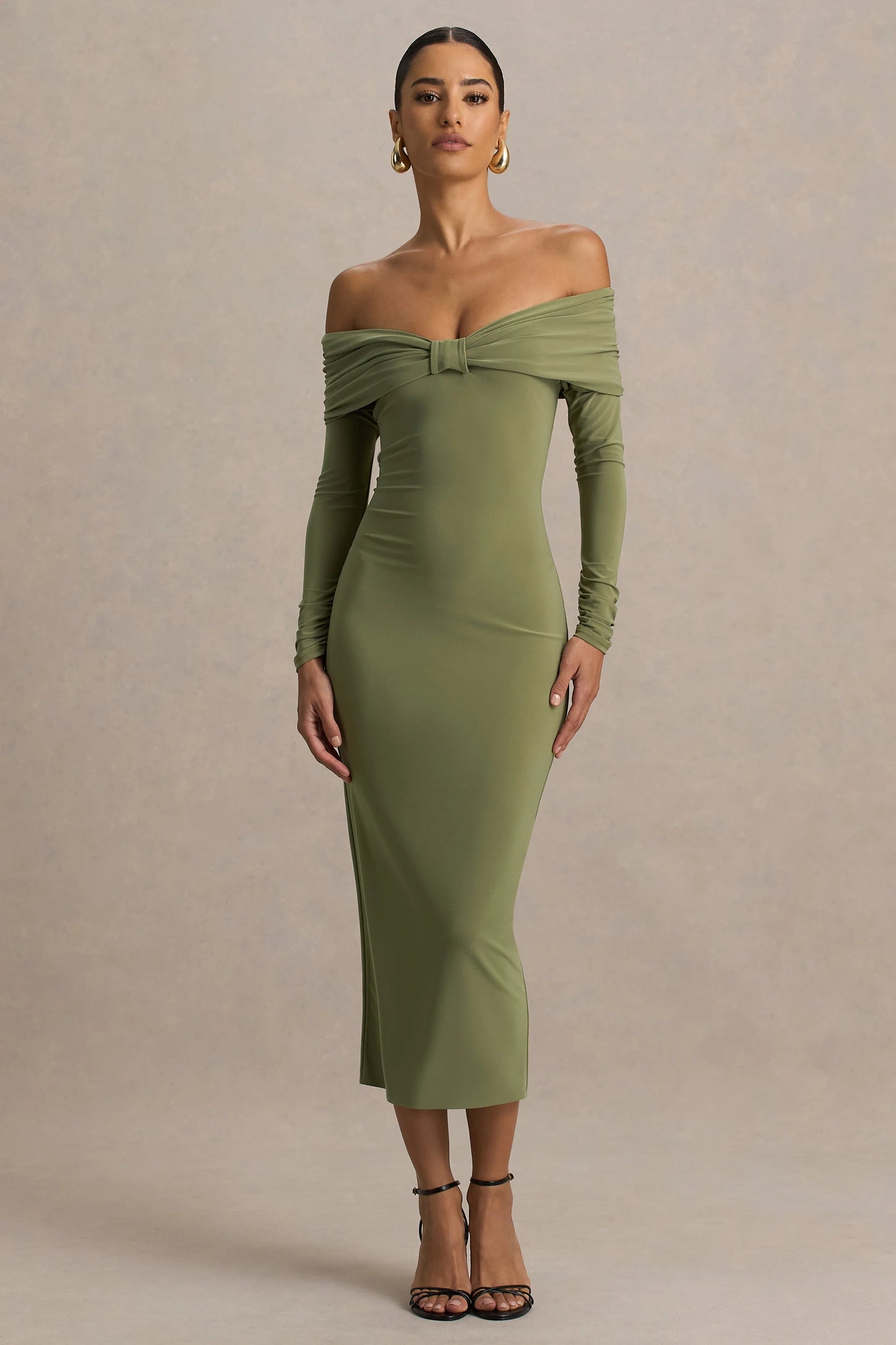 Spark Olive Bardot-Neck Midi Dress With Bow Detail