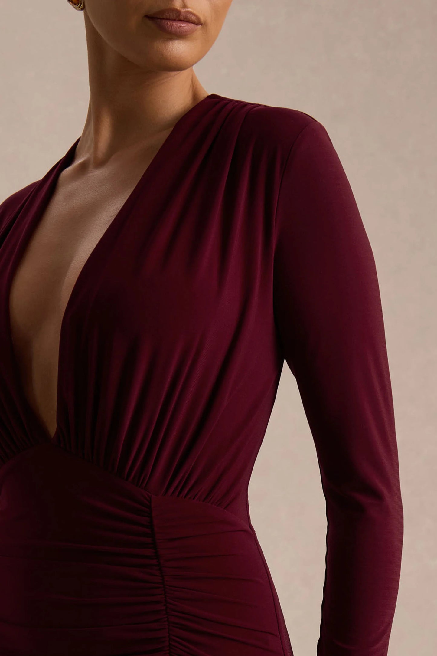 Command Burgundy Plunge-Neck Maxi Dress With Front-High Split