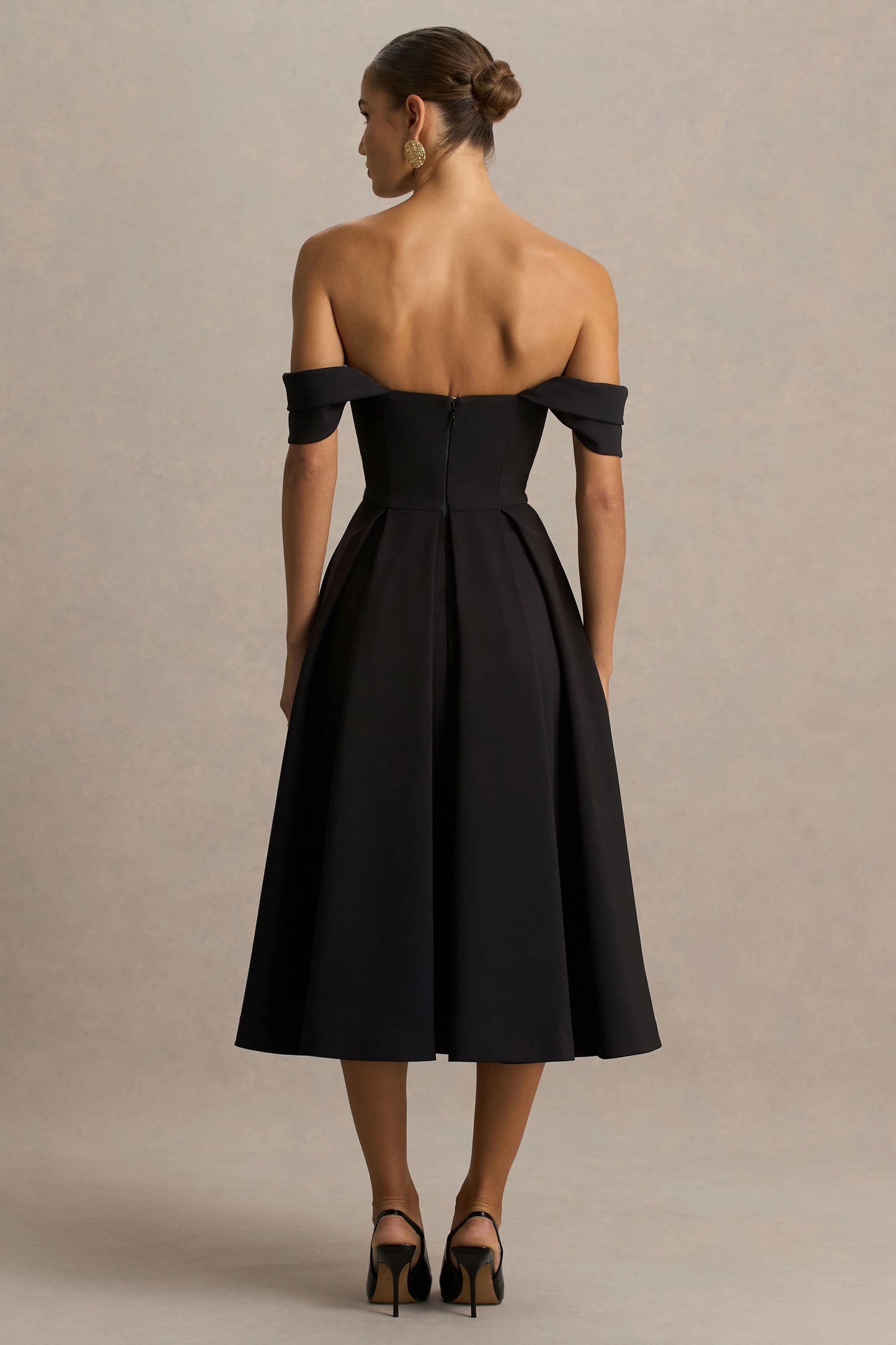 Cosima Black Bardot-Neck Midi Dress