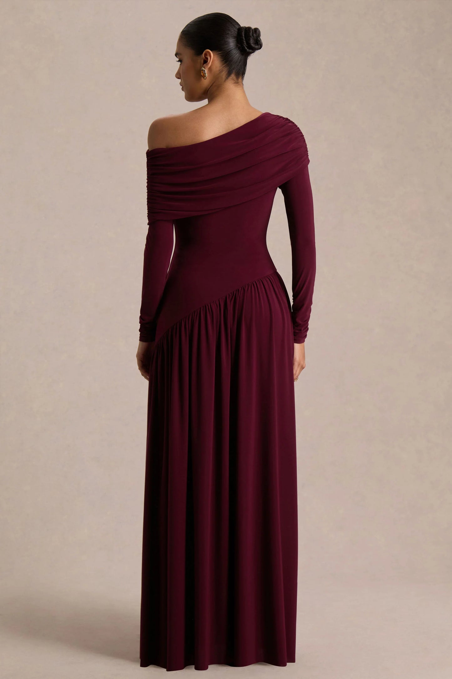 Farah Burgundy Asymmetric-Neck Maxi Dress With Drop Waist And Ruched Detailing
