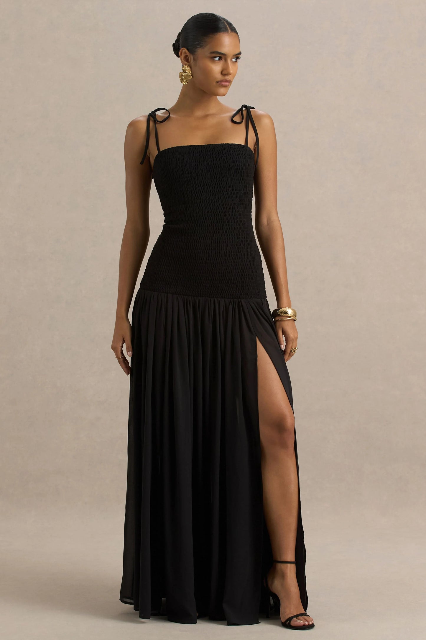 Maeva Black Square-Neck Fishtail Maxi Dress With Ruched Detailing