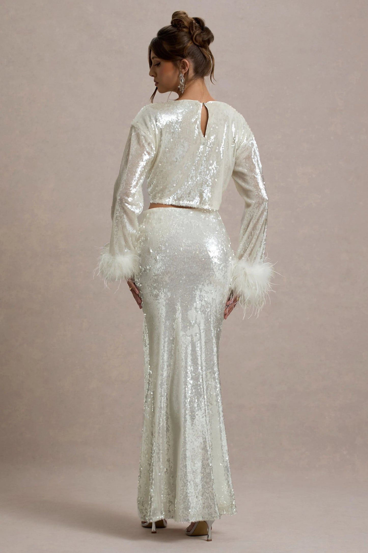 Solita Sand Sequin Long-Sleeve Crop Top With Feather Trim