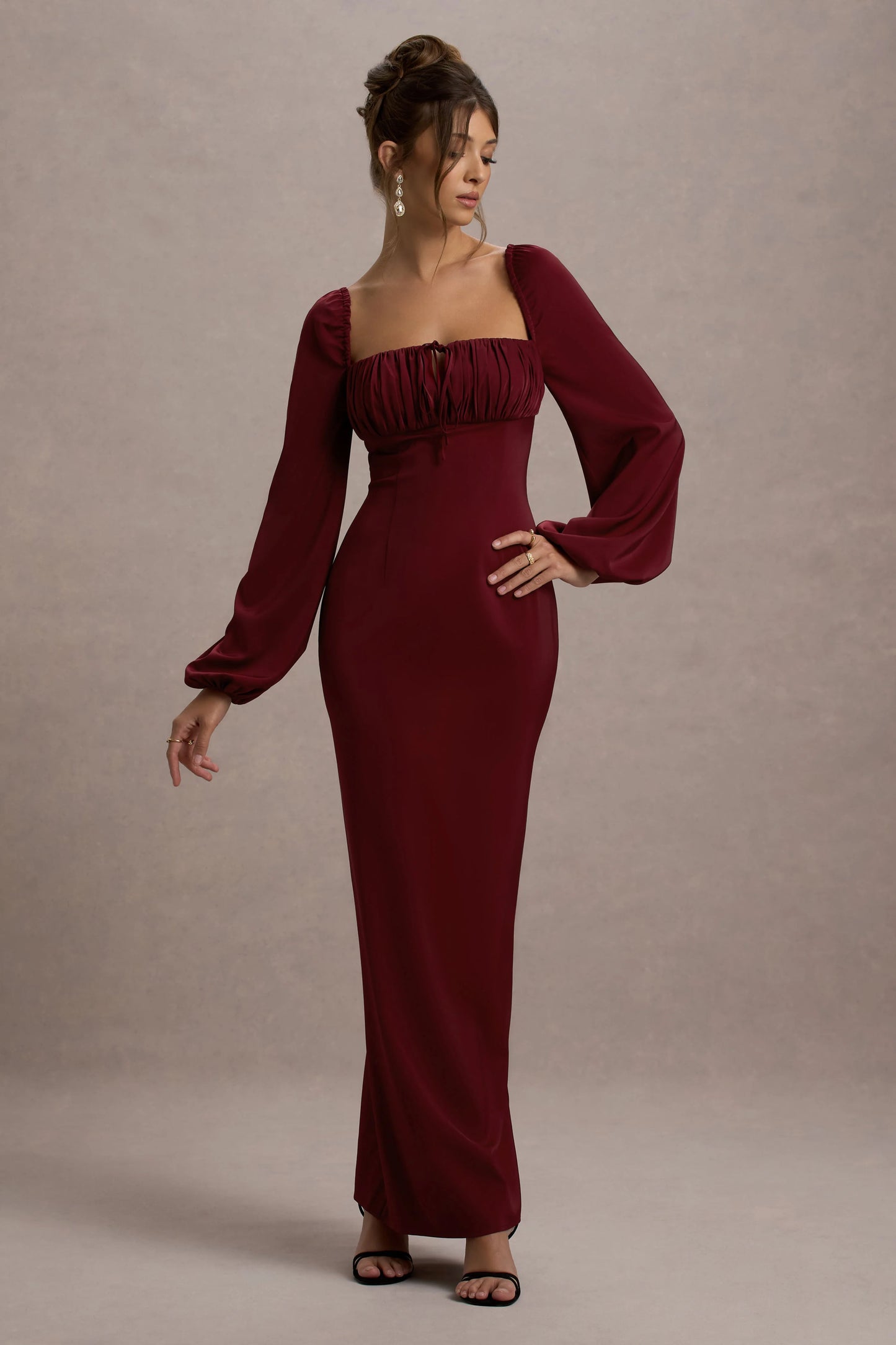 Nika Berry Satin Square-Neck Balloon-Sleeve Maxi Dress