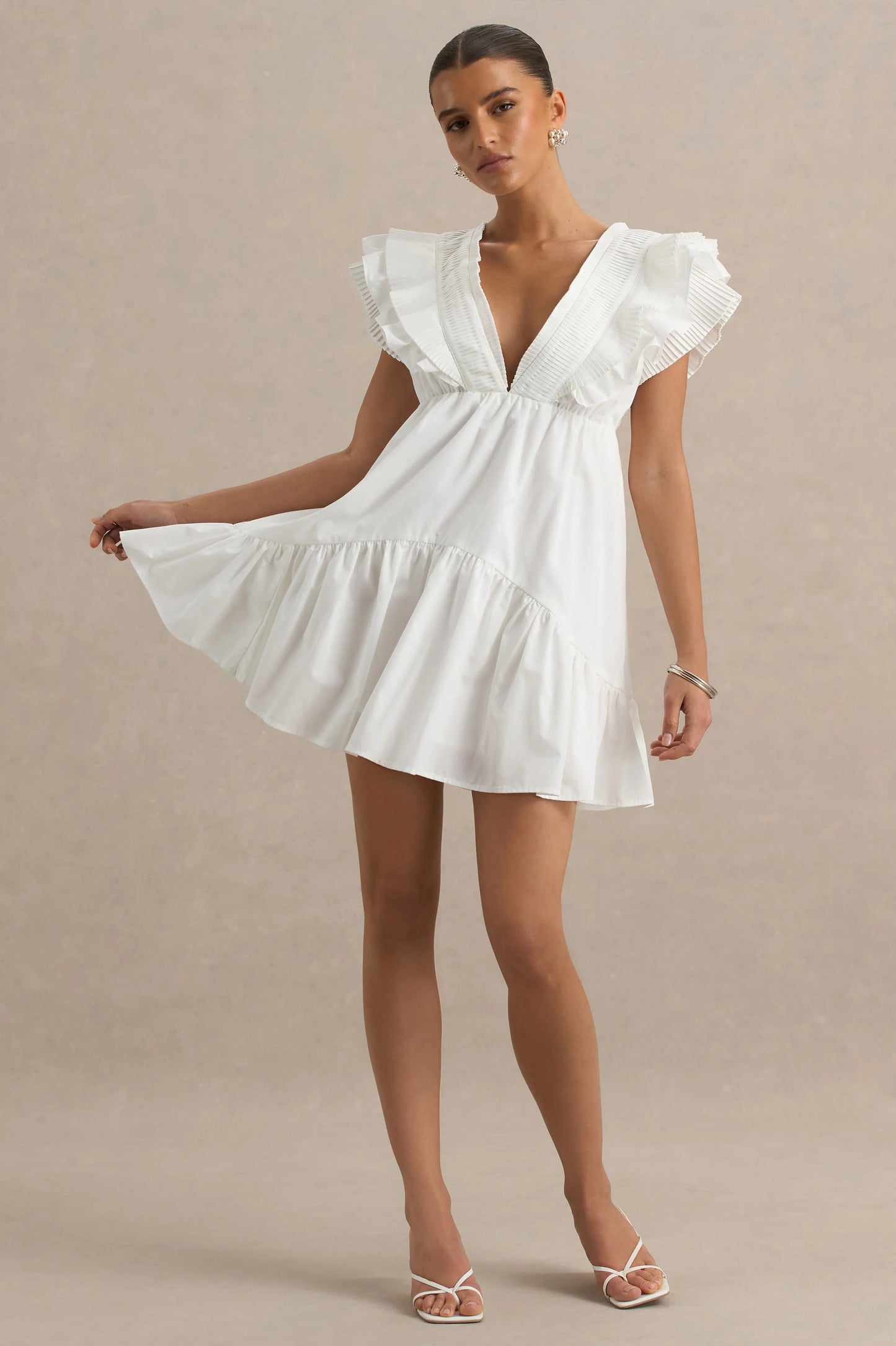 Judie White Poplin V-Neck Ruffled Mini Dress