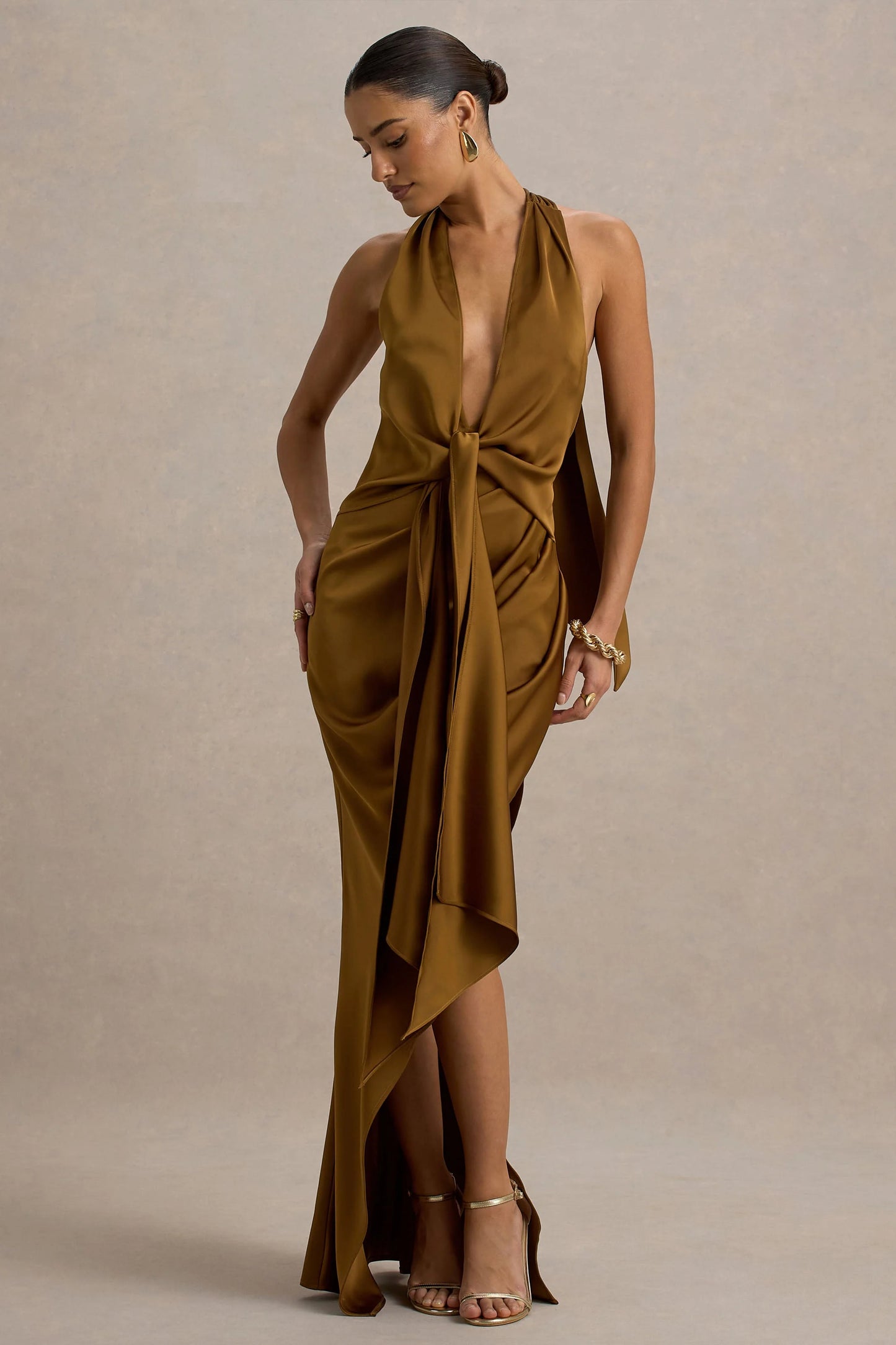 Lynette Olive Satin Plunge-Neck Maxi Dress With Asymmetric Hem