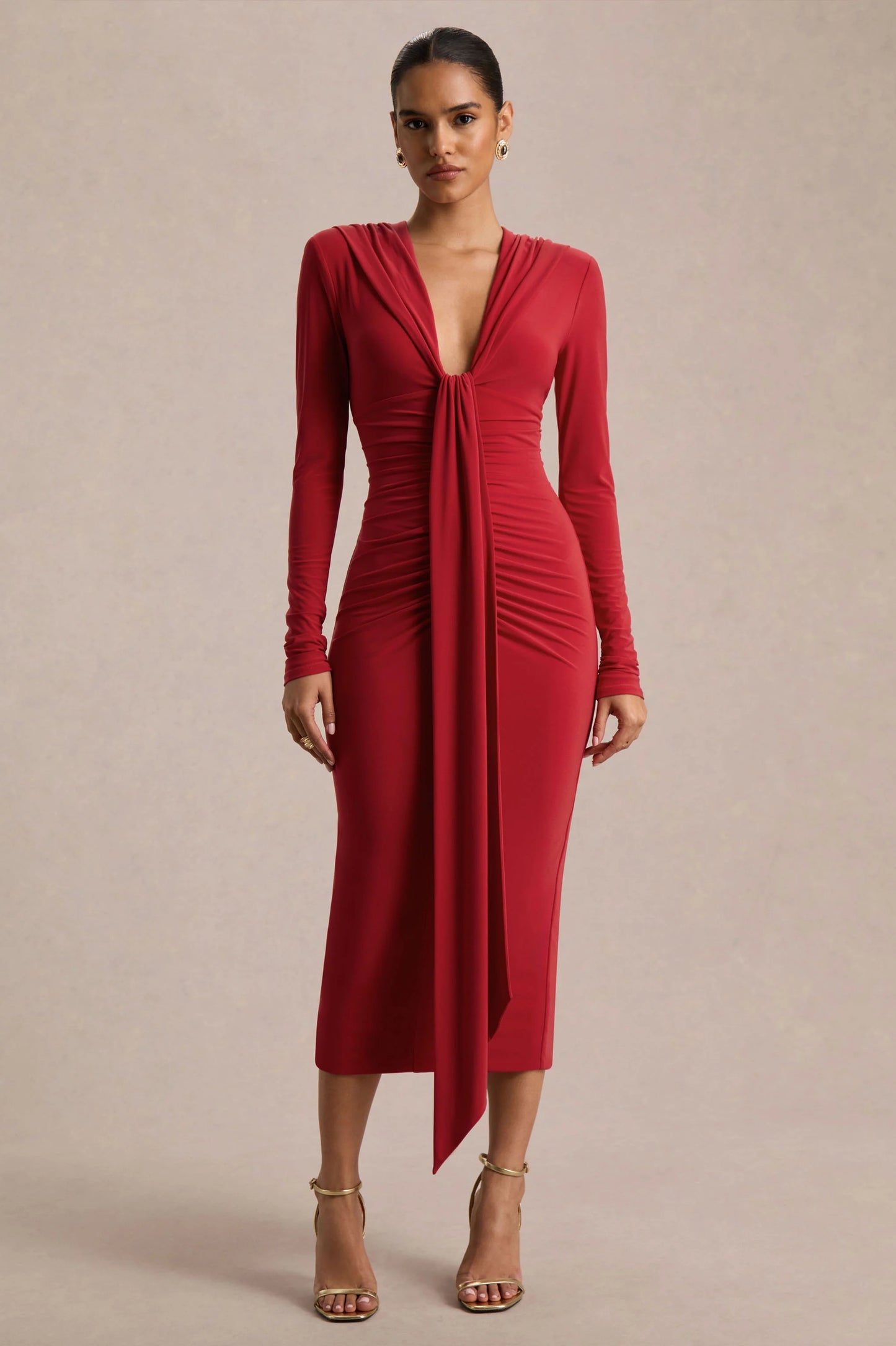 Ivara Red Plunge-Neck Maxi Dress With Ruched Detailing And Sash